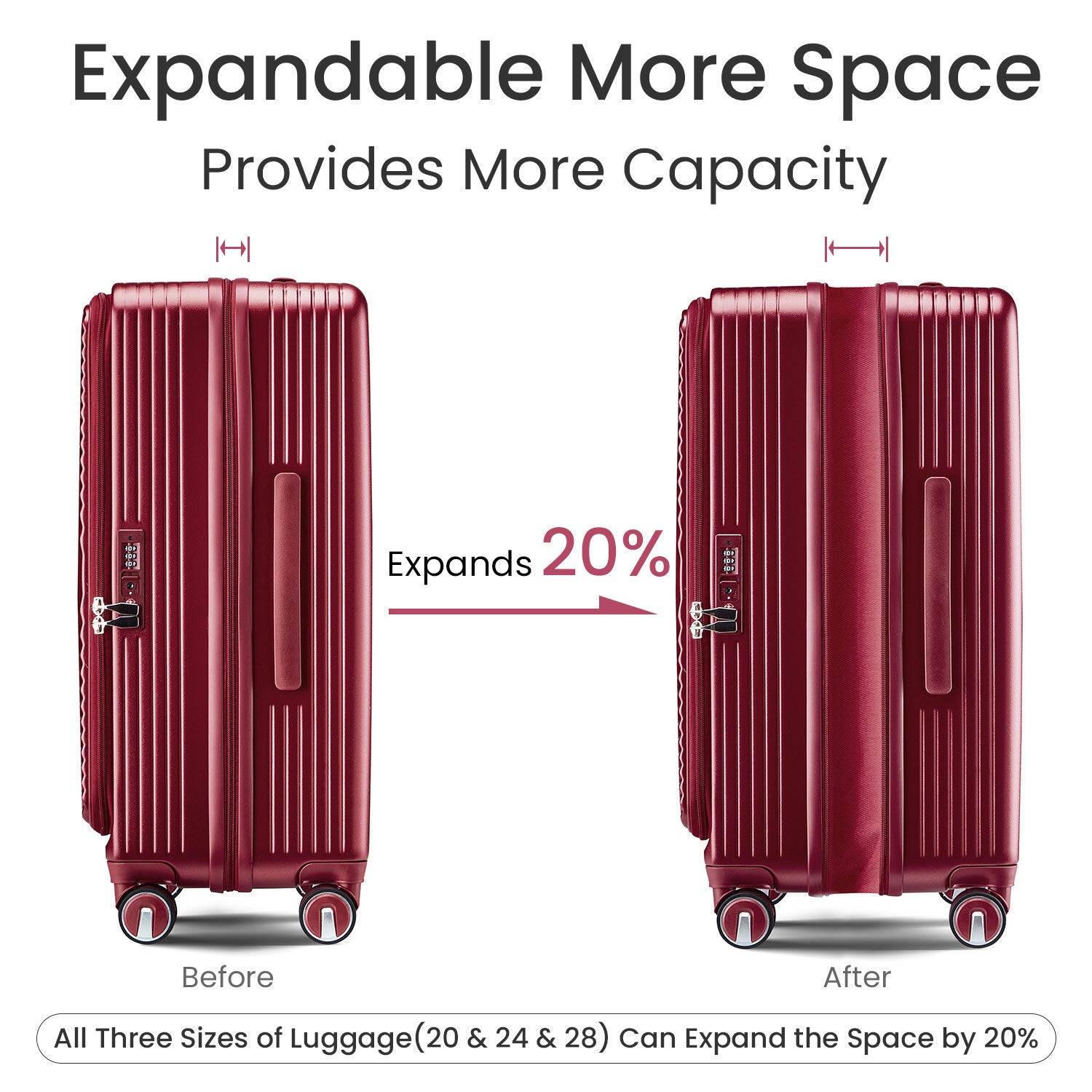 Luggage Sets 3 Piece 20 24 28 , Expandable Carry On Luggage With Tsa Lock Airline Approved, 100% Pc Hard Shell And Lightweight Suitcase With Front Pocket And Spinner Wheels Wine Red Pc