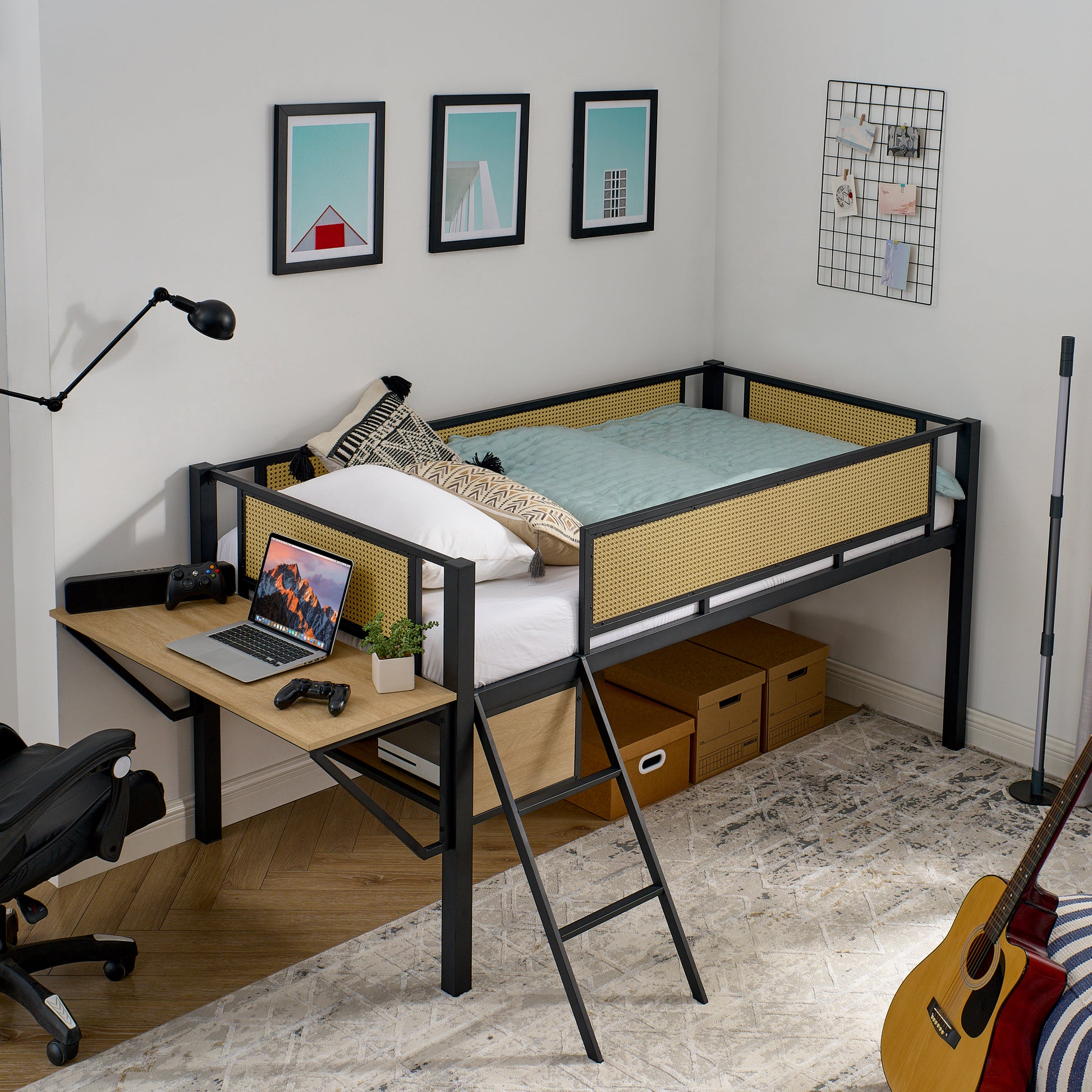 Single Metal Loft Bed With Rectangular Desk, Led Lights, Led Loft Bed Frame Double Bed With Storage Shelves And Hanging Storage Compartments, Safety Guard And Ladder, No Box Springs Required, Rattan G Twin Black Natural Mdf Iron