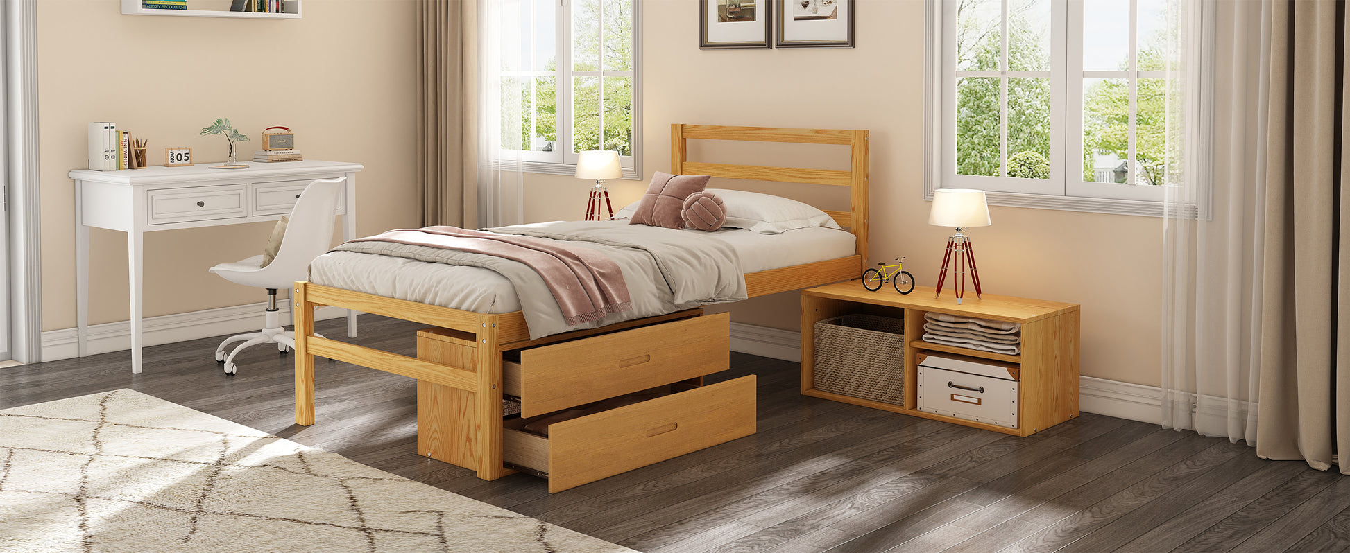 Twin Size Wood Platform Bed With Removable Storage Shelves, Built In Two Storage Drawers For Added Convenience, Natural Twin Natural Wood