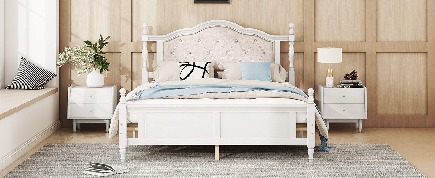 Queen Pine Wooden Bed With Upholstered Headboard And Panel Footboard, With Two Bed Rail Support Feet And Central Platform Support Feet ,White Queen White Pine