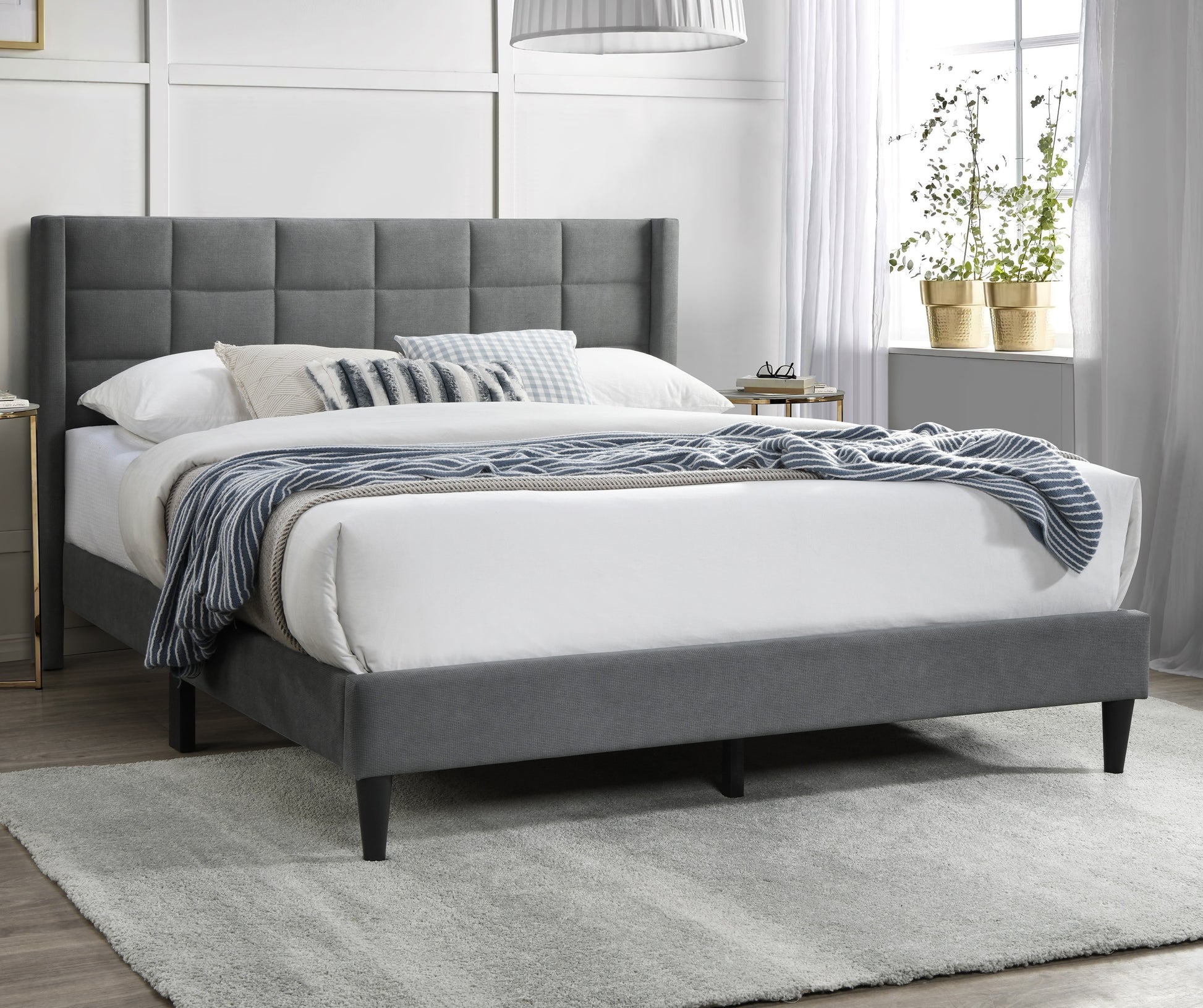 Elegant Modern Gray Brushed Linen 1Pc Queen Size Bed Upholstered Box Design Headboard Bedframe Box Spring Not Required Queen Gray Wood Bedroom Contemporary,Modern Bed Frame Linen Linen