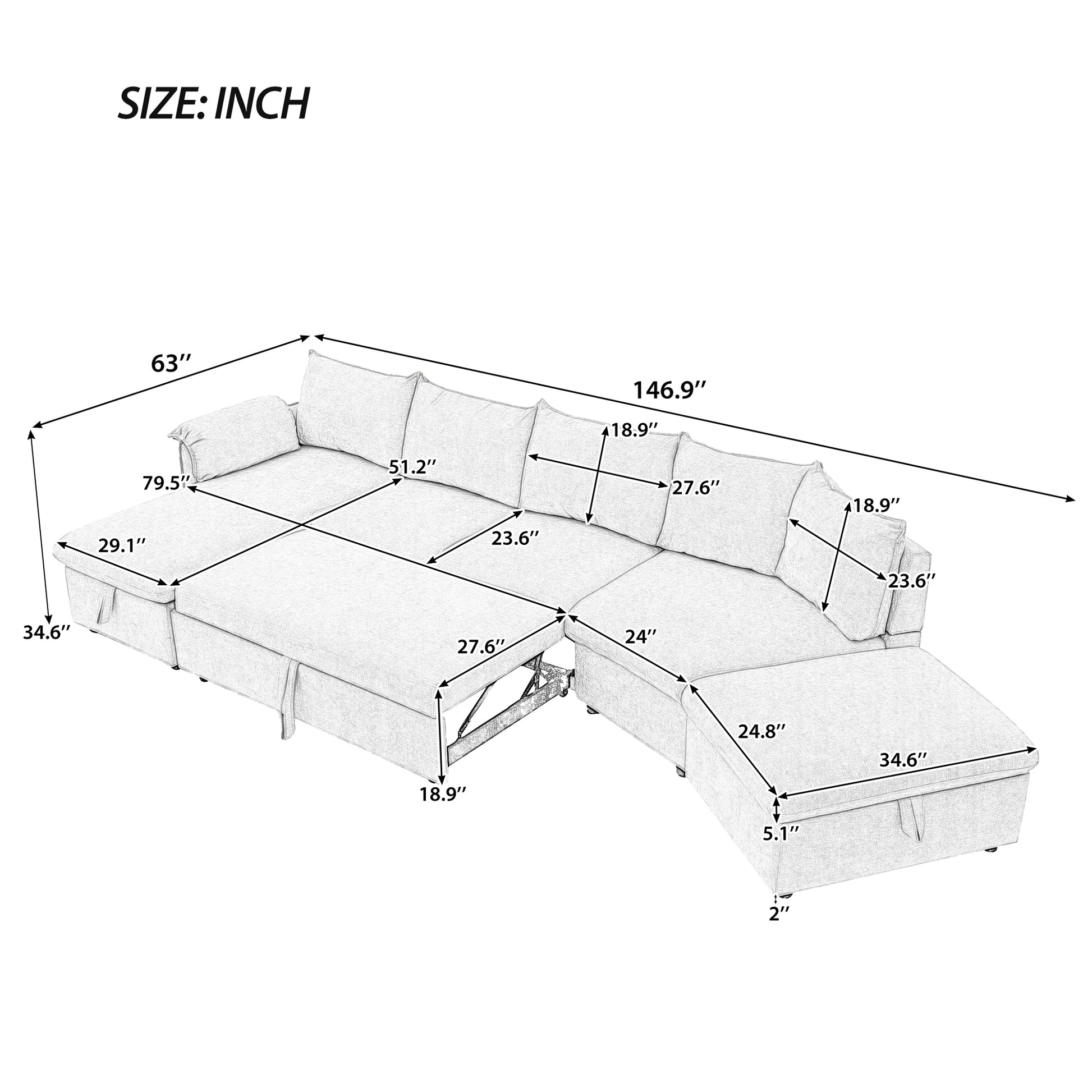 146.9" L Shaped Sofa Sectional Sofa Couch Pull Out Sofa Bed With A Movable Storage Ottoman, A Storage Chaise Lounge And Two Usb Ports For Living Room, Beige Beige Foam Linen 5 Seat