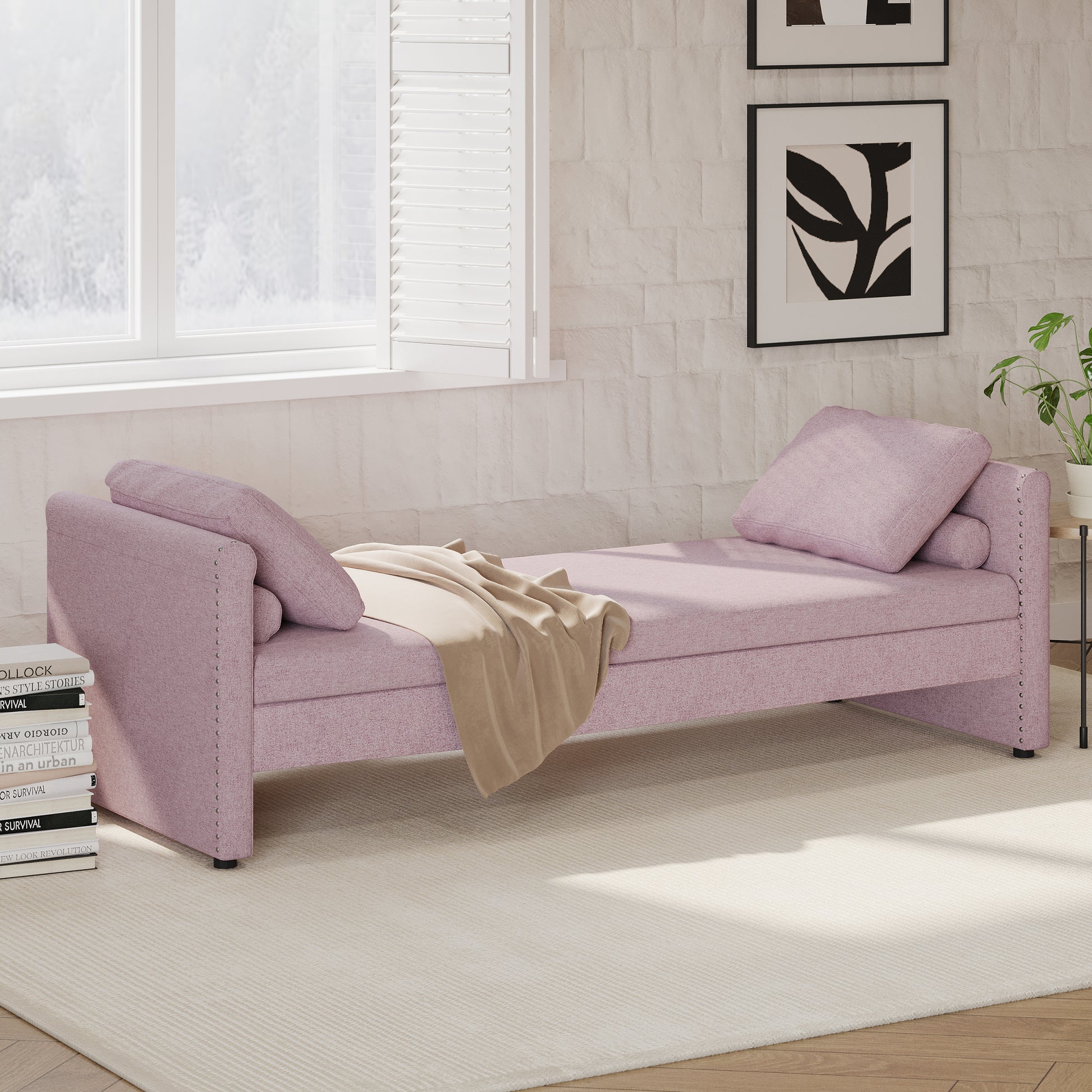 Modern Upholstered Chaise Lounger Daybed Small Single Daybed With 2 Drawers, No Mattress Needed, Perfect For Living Rooms & Home Office, Linen Fabric, Pink Pink Linen