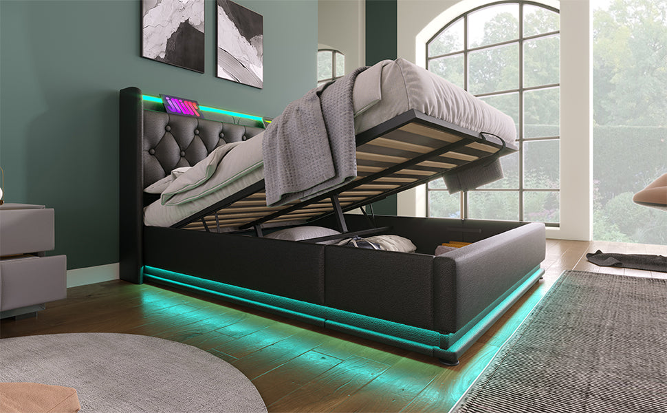 Full Size Upholstered Bed, 360 Surround Led Function, Buttons Apps Remote Control, Hydraulic Storage Bed With Usb Type C Charging, Black,Pu Without Mattress Full Black Pu