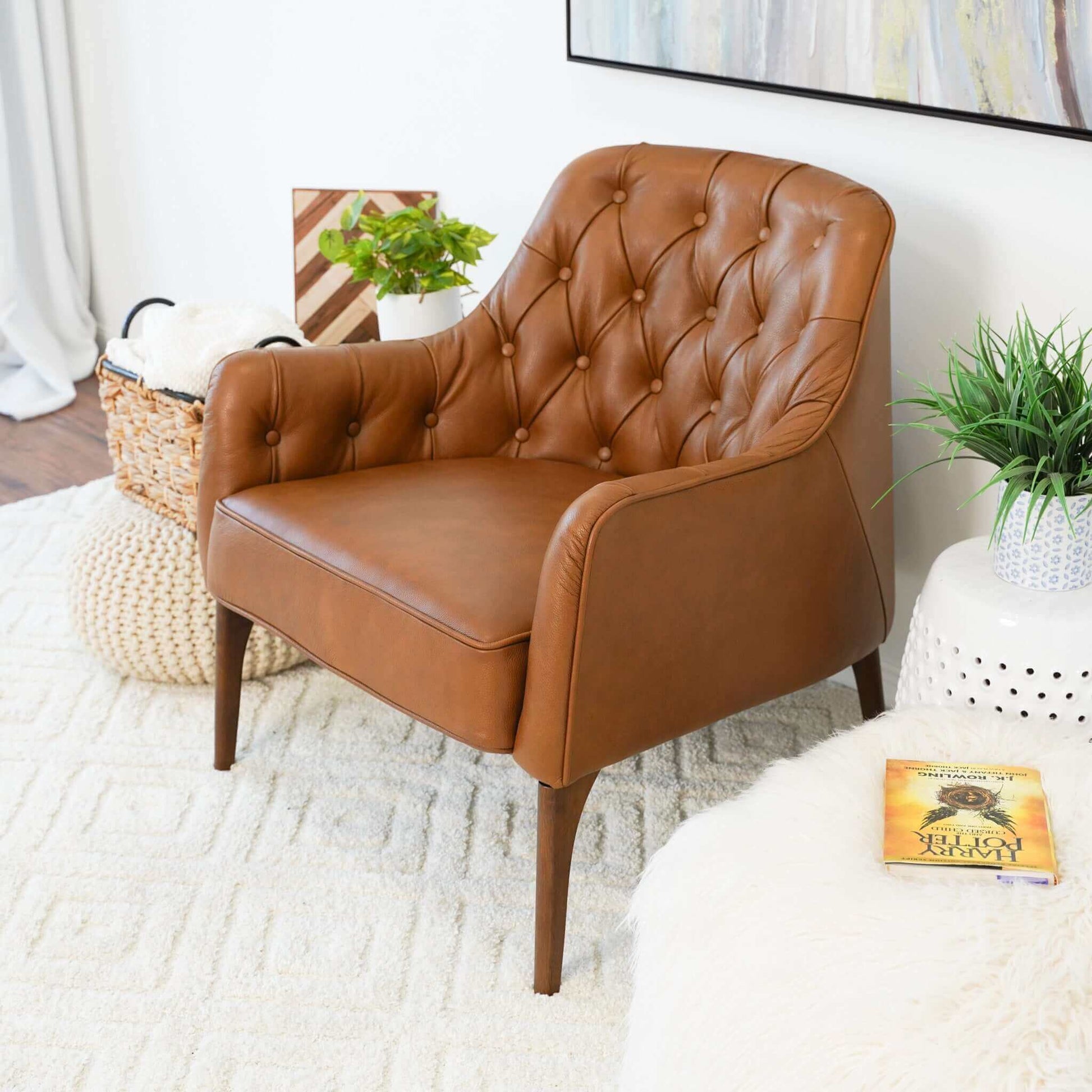 Joshua Tufted Tan Leather Lounge Chair Natural,Tan Brown Foam Genuine Leather,Solid Wood