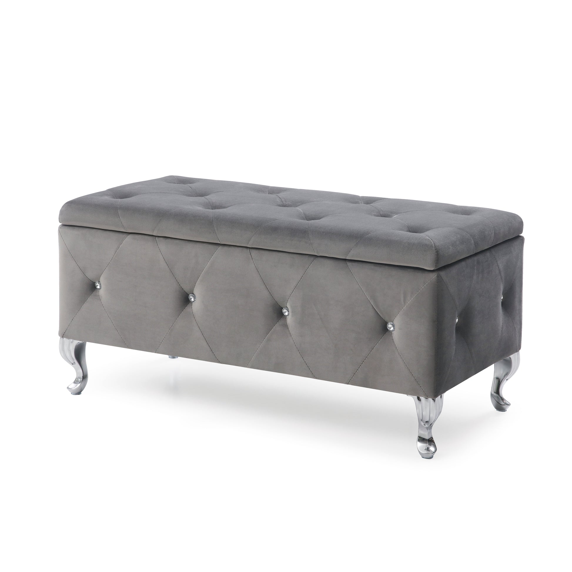 1Pc Glam 38 Inches Storage Ottoman Bench For Upholstered Tufted Gray Velvet Polyester Organizer Bedroom Living Room Entryway Hallway Tufted Gray Polyester Primary Living Space Solid Grey Traditional Foam Faux Leather