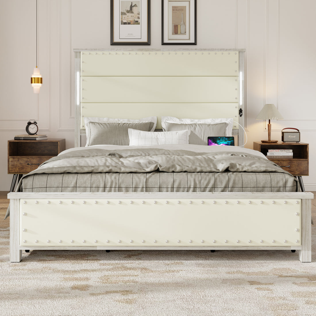 Queen Size Bed Frame With Upholstered Headboard And 4 Storage Drawersqueen Bed Frame With Charging Station And Led Lights, Wood Slats, Beige Faux Leather & Rivets, No Box Spring Needed Box Spring