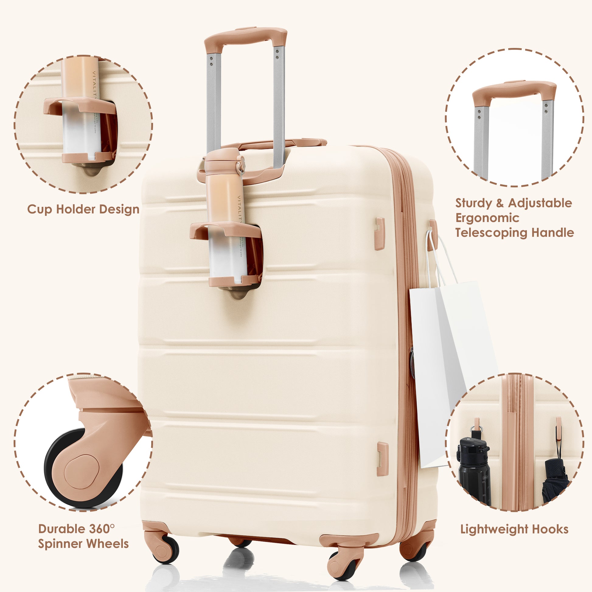 Luggage Set Of 3, 20 Inch With Usb Port, Airline Certified Carry On Luggage With Cup Holder, Abs Hard Shell Luggage With Spinner Wheels, Beige And Golden Beige Gold Abs