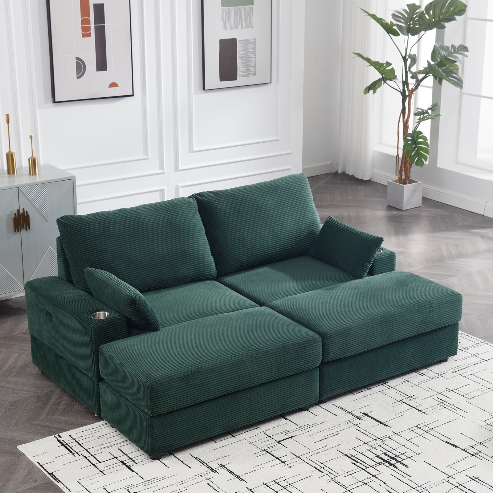 Green 2 Seater Sofa With Usb Cup Holder With 2 Ottoman Green Solid Wood 2 Seat