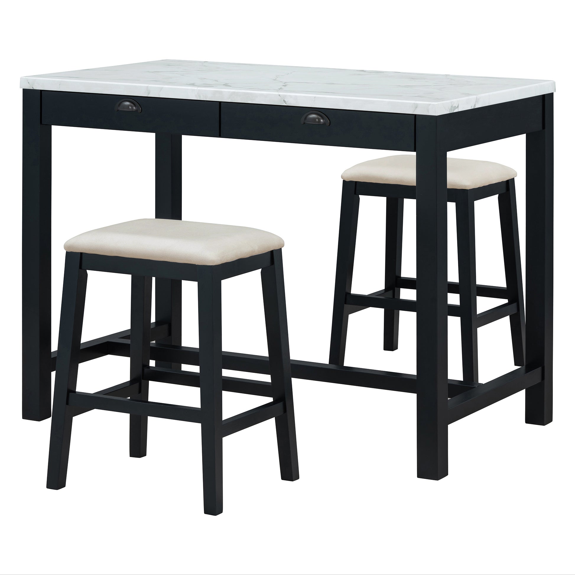 5 Piece Modern Faux Marble Versatile Bar Table Set With Storage Drawers And Padded Stools, Ideal For Space Saving Dining Nooks Or Small Kitchens Black Black Solid Wood Mdf