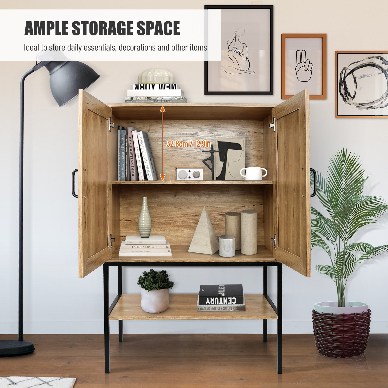 31.5 Inch Wide 2 Rattan Doors Free Standing Sideboard Storage Cabinet With One Open Bottom Shelf For Kitchen Dinning Room Living Room, Natural Color Freestanding 1 2 Shelves Natural Natural Primary Living Space Open Storage Space American Design Particle