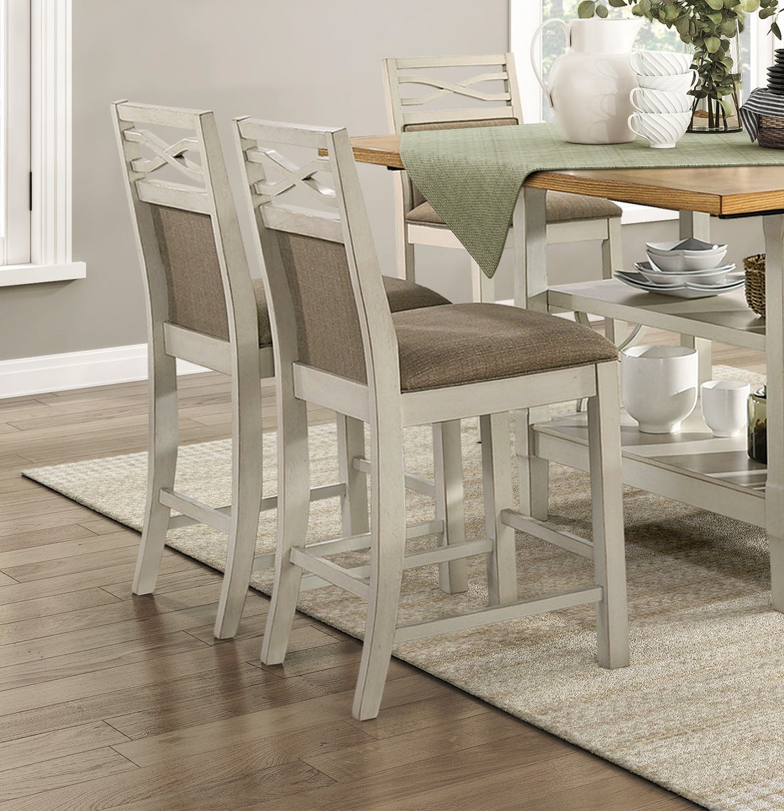 5Pc Dining Set Counter Height Table Base With 2 Shelves, 4 Upholstered Counter Height Chairs Light Oak And Gray Finish Casual Country Style Dining Wooden Kitchen Furniture Gray,Light Oak Seats 4 Dining Room Rectangular Wood