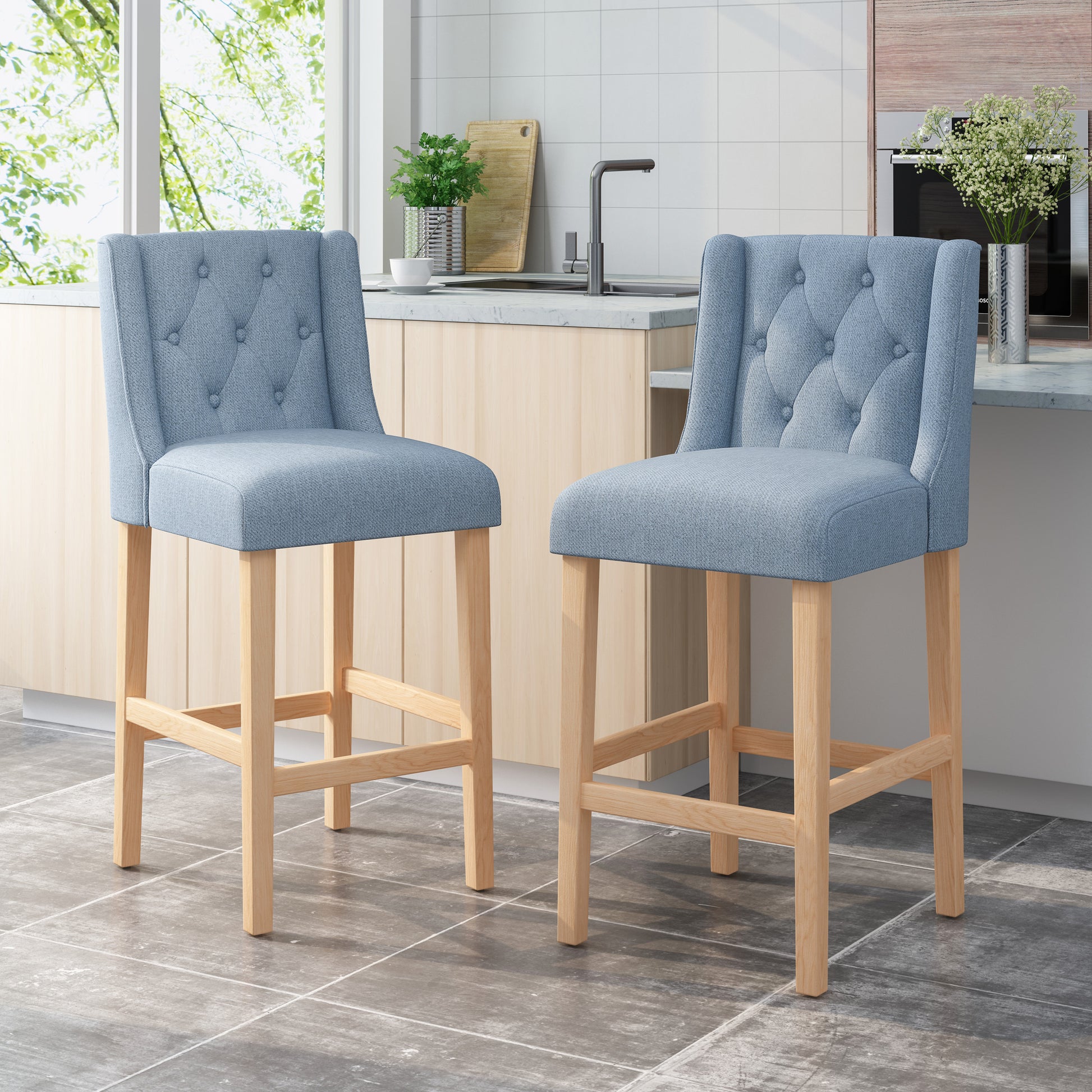 Vienna Contemporary Fabric Tufted Wingback 31 Inch Counter Stools, Set Of 2, Light Blue And Natural Light Blue Fabric