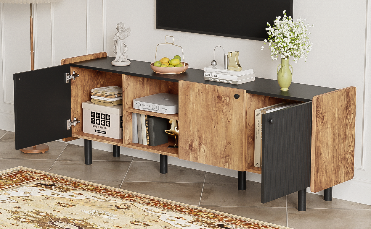 Mid Century Tv Stand With 3 Cabinets, Media Console Table For Tvs Up To 70'', Entertainment Center With Storage For Living Room, Bedroom, Home Theatre Black Brown Primary Living Space 60 69 Inches