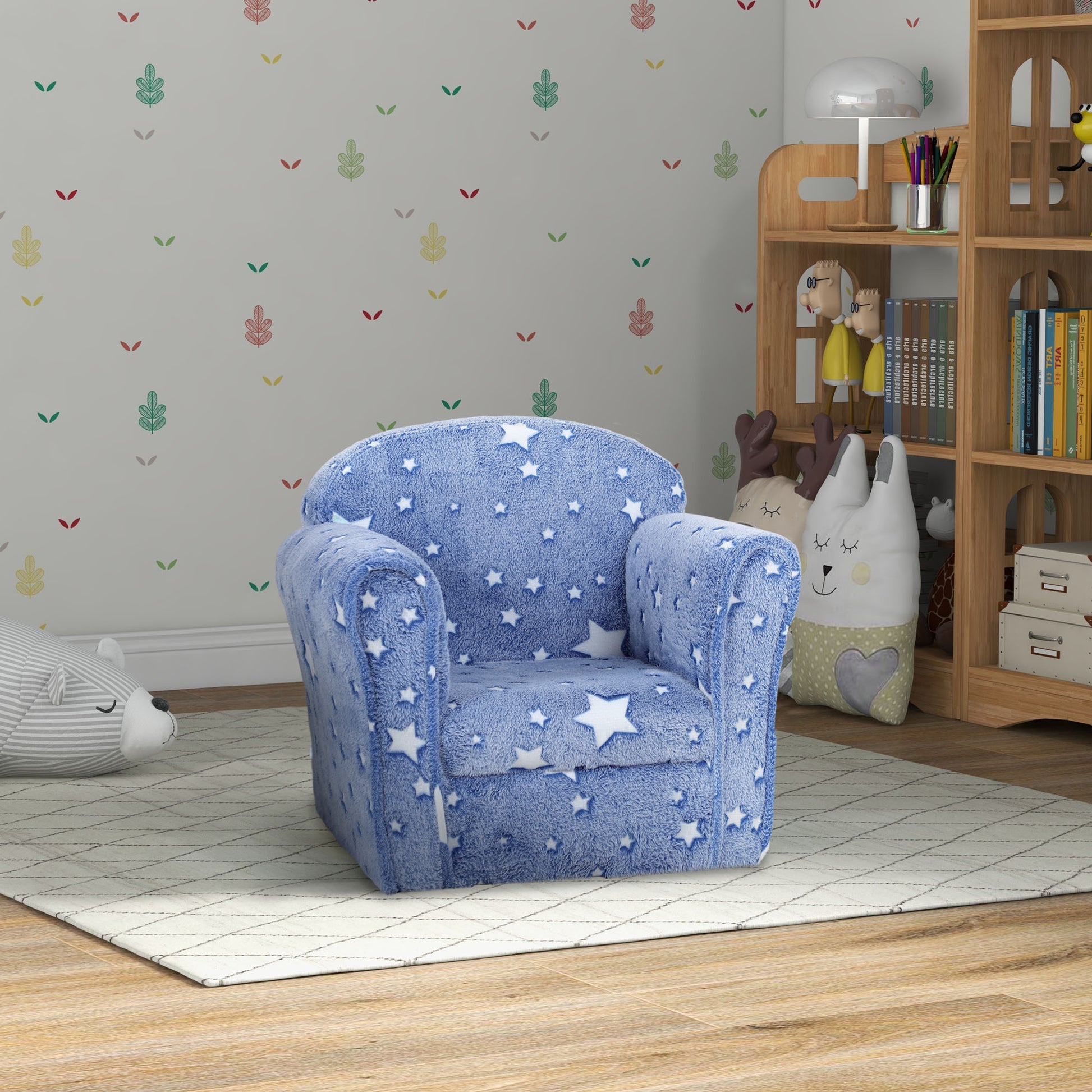 Qaba Kids Sofa Chair, Toddler Sofa With Glow In The Dark Star Design & Wooden Frame, Upholstered Baby Sofa For 18 36 Months For Bedroom, Livingroom, Playroom, Kid Room, Blue Blue Fabric