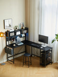 94.5 Inch Home Office Desk L Shape Gaming Desk With Led Storage Shelves Metal Pannel And Stool Black Black Marble Metal