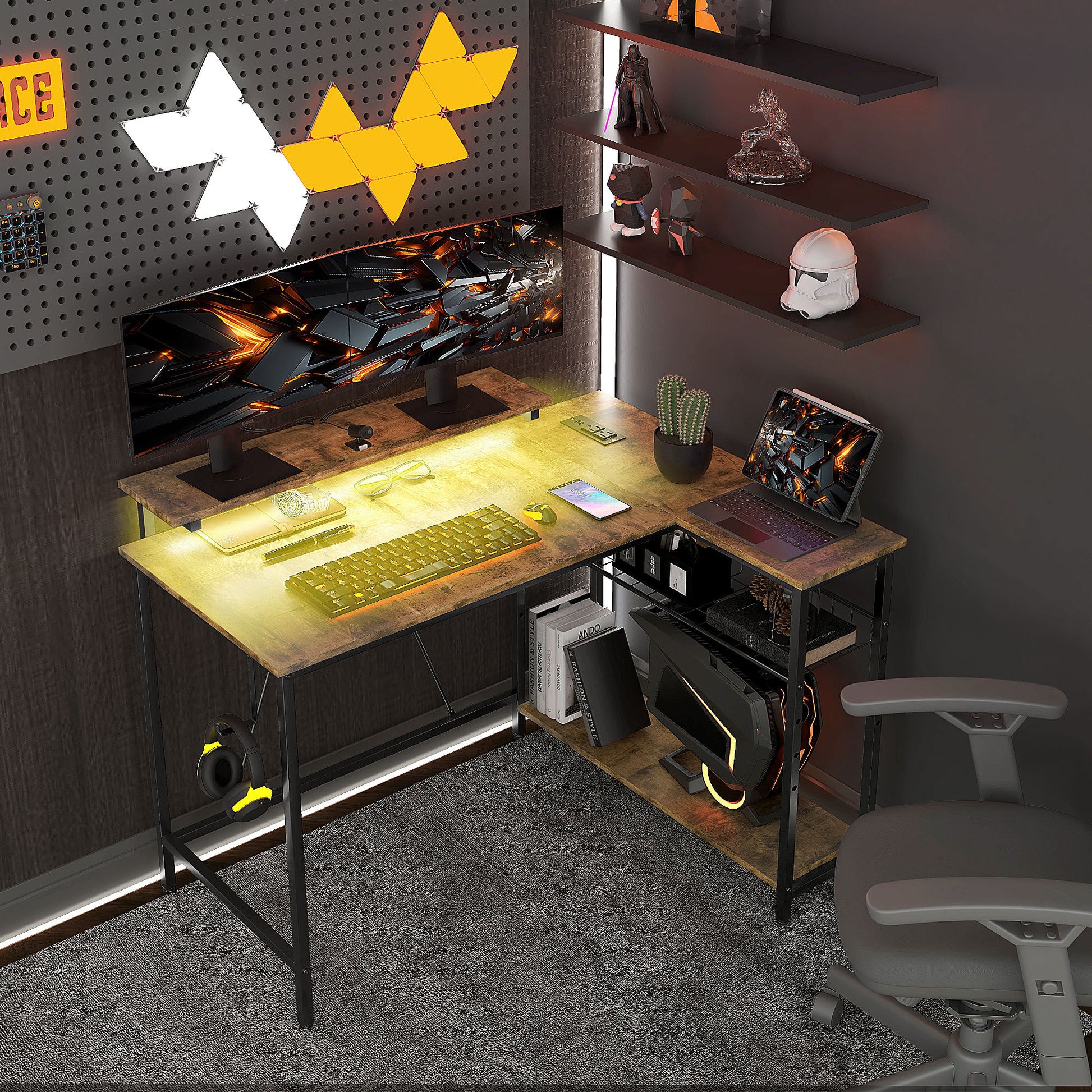 Homcom 42" L Shaped Desk With Led Lights, Power Outlet, Usb Charging Ports, Reversible L Shaped Computer Desk With Storage Shelves, Monitor Stand, Corner Gaming Desk For Home Office, Rustic Brown Rustic Brown Particle Board