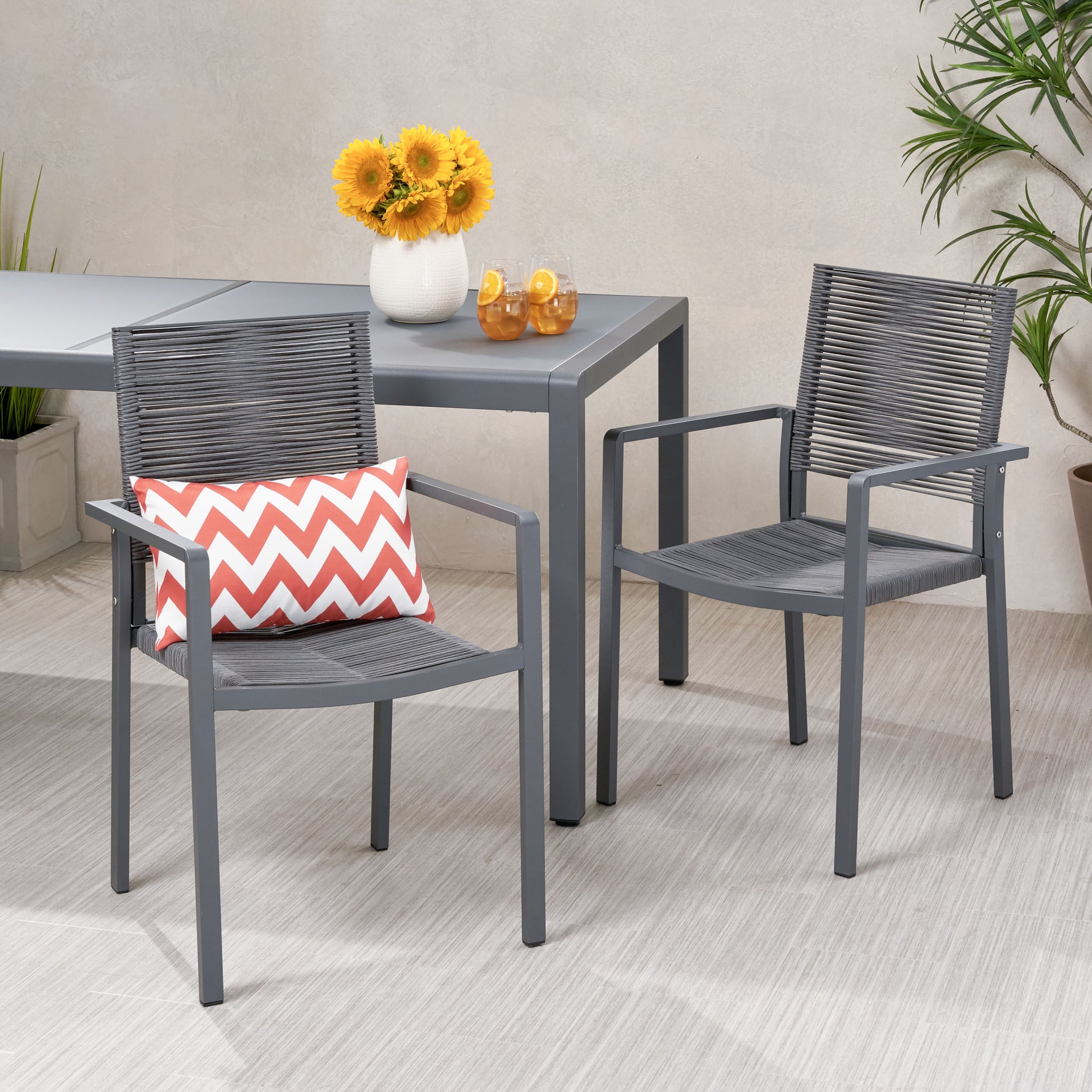 Outdoor Modern Aluminum Dining Chair With Rope Seat Set Of 2 , Gray And Dark Gray Dark Grey Aluminium