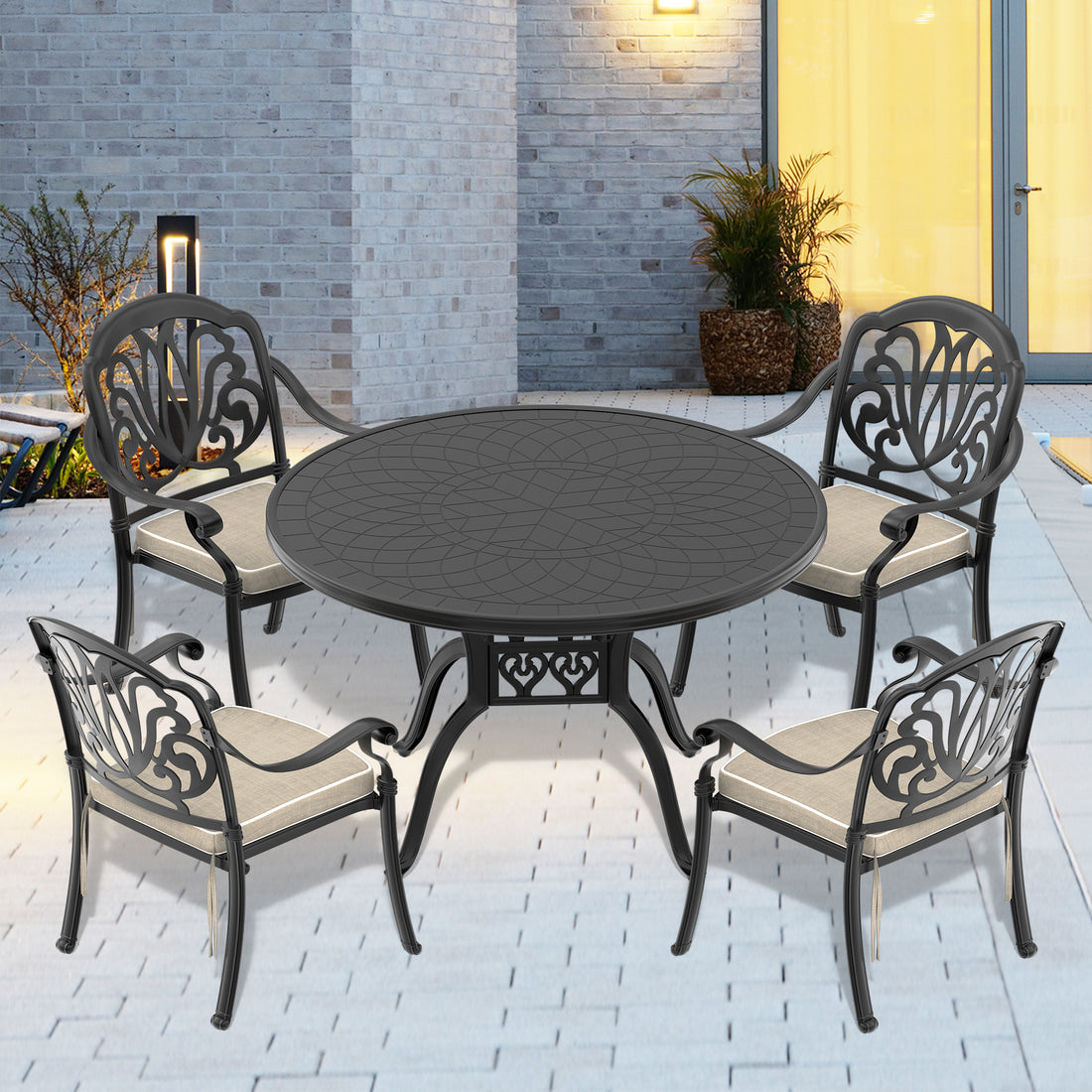 Cushions In Random Colors 5 Piece Set Of Cast Aluminum Patio Furniture With Cushions Yes Complete Patio Set Black Seats 4 Rust Resistant Frame Water Resistant Cushion Garden & Outdoor Complete Patio Sets Aluminium