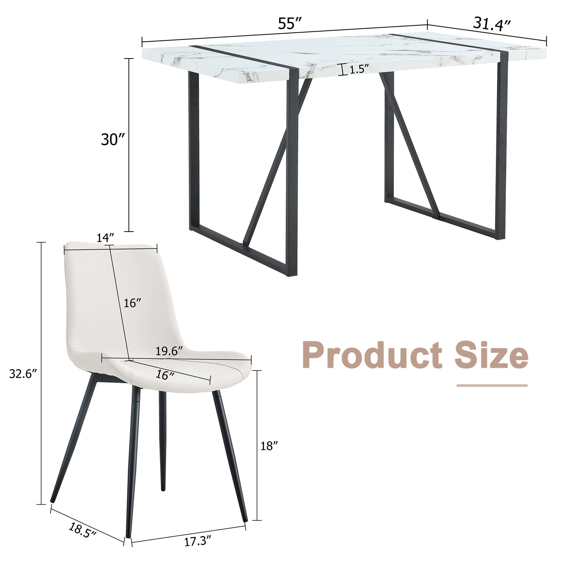 Table And Chair Set.A Modern Minimalist White Marble Veined Mdf Dining Table With Metal Frame.Paried With 4 Chairs With Pu Cushions And Black Metal Legs. White Seats 4 Mdf Metal