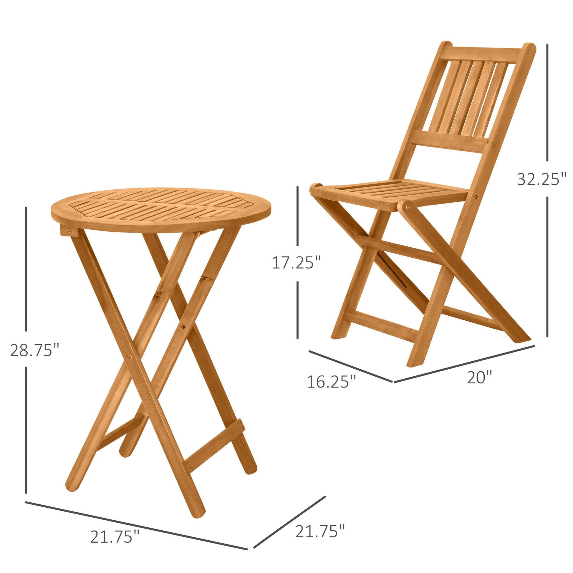 Outsunny 3 Piece Acacia Wood Bistro Set, Folding Patio Furniture With 2 Folding Chairs And Round Coffee Table, Teak, Slatted Finish, For Backyard, Balcony, Deck, Natural Natural Acacia Wood