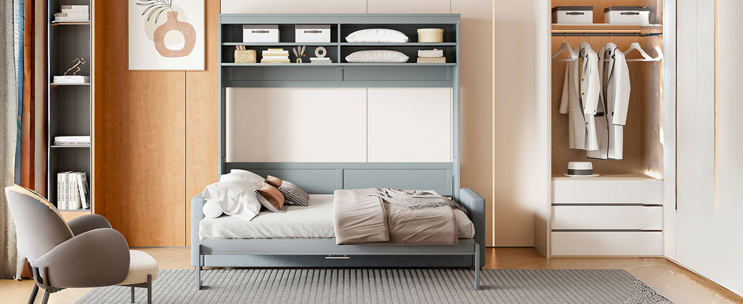 Queen Size Murphy Bed Wall Bed With Sofa,Gray Queen Gray Mdf Lvl