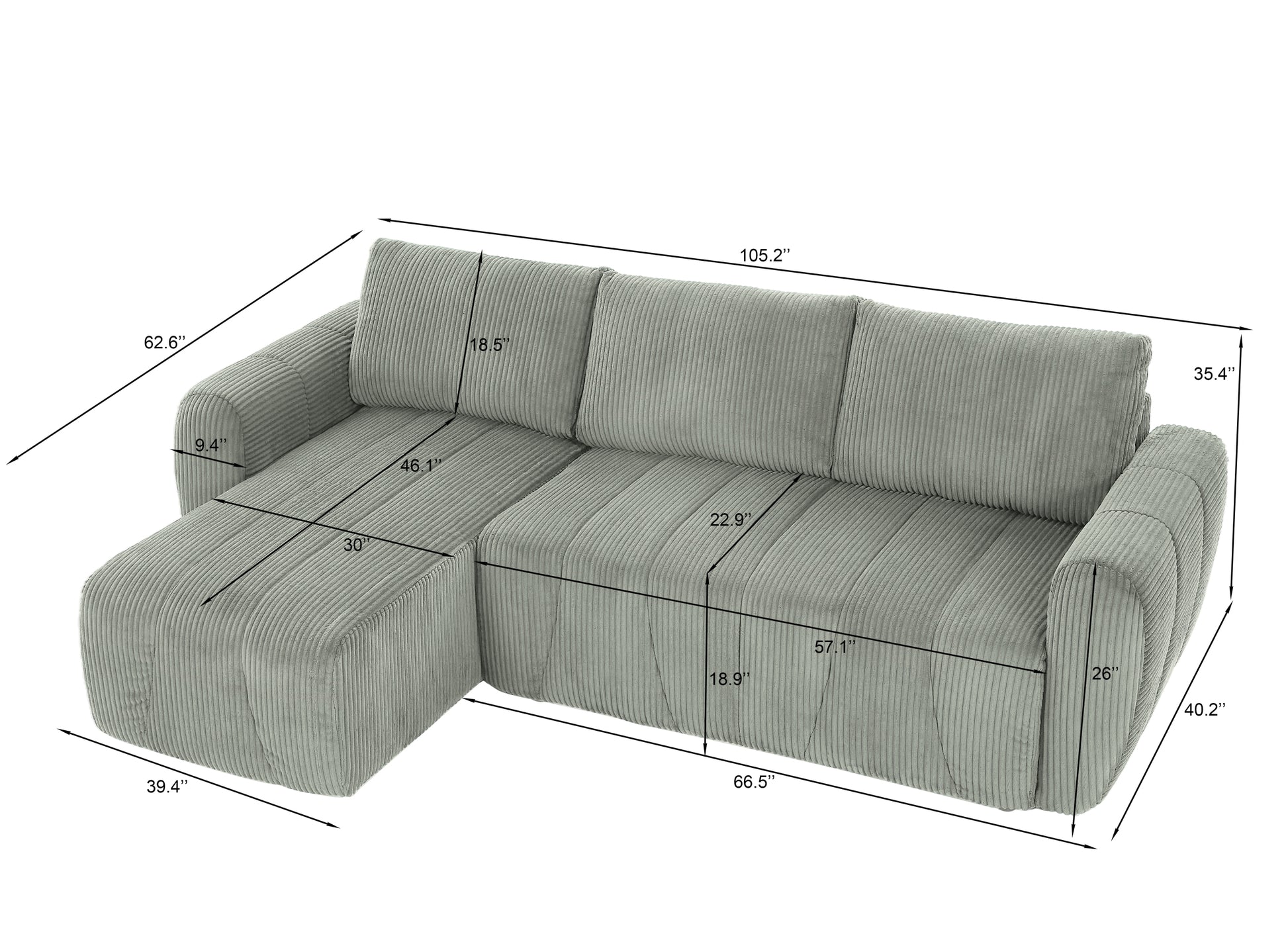 Convertible Sectional Sofa Couch, Modern Fabric 3 Seater L Shaped Couch For Living Room, Apartment, Office, Small Space Grey Corduroy 5 Seat