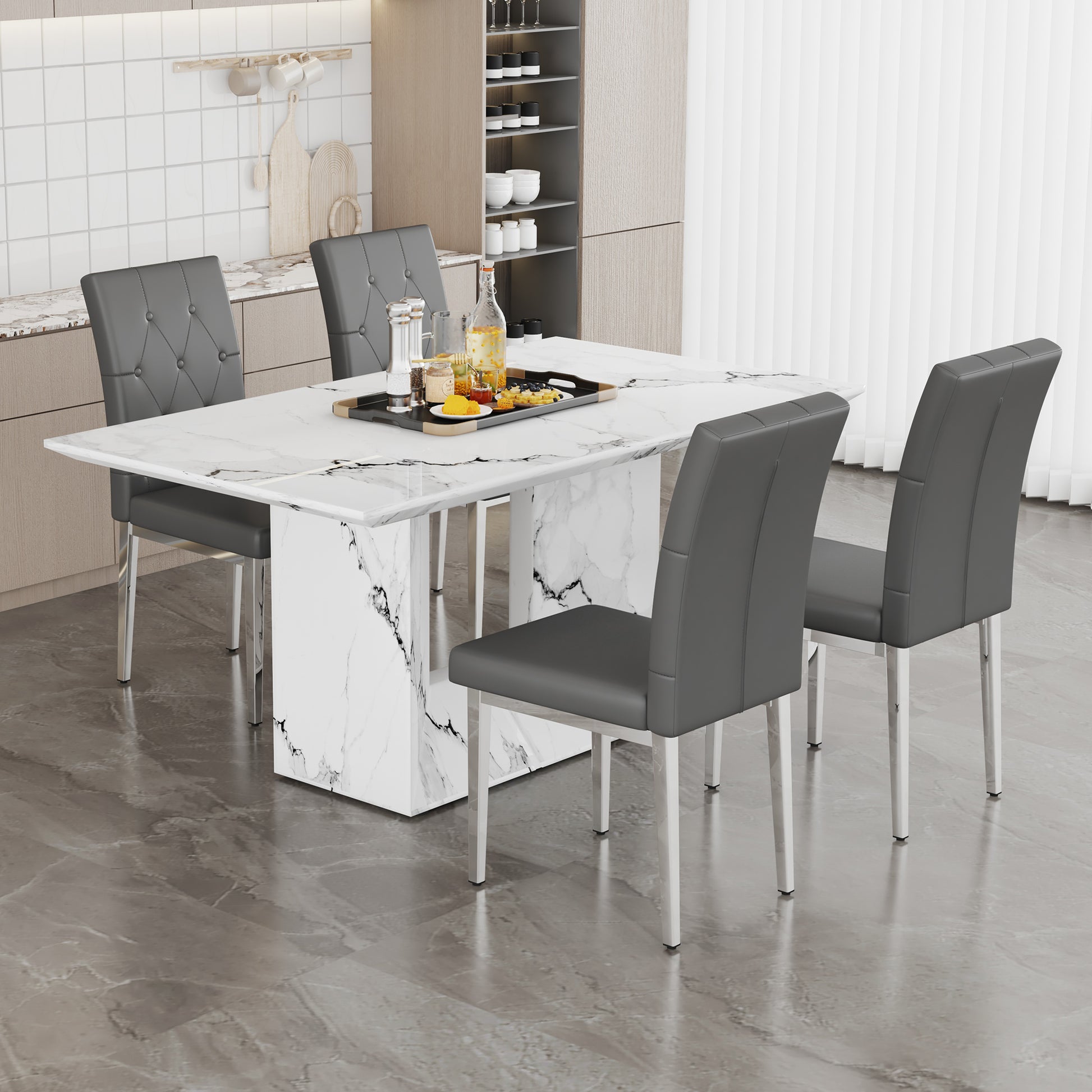 Table And Chair Set.63"X35.4" White Marble Patterned Mdf Dining Table Set With 4 Armless Dark Gray Pu Chairs.Showcasing A Modern And Stylish Look. Dark Gray,White Seats 4 Mdf Metal