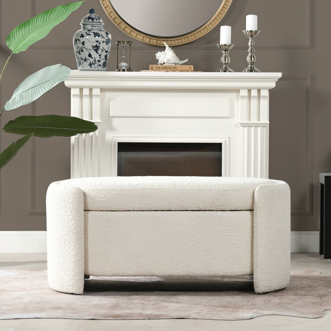 Fuji 43" Upholstered Oval Storage Bench, Ivory White Boucle White Foam Boucle