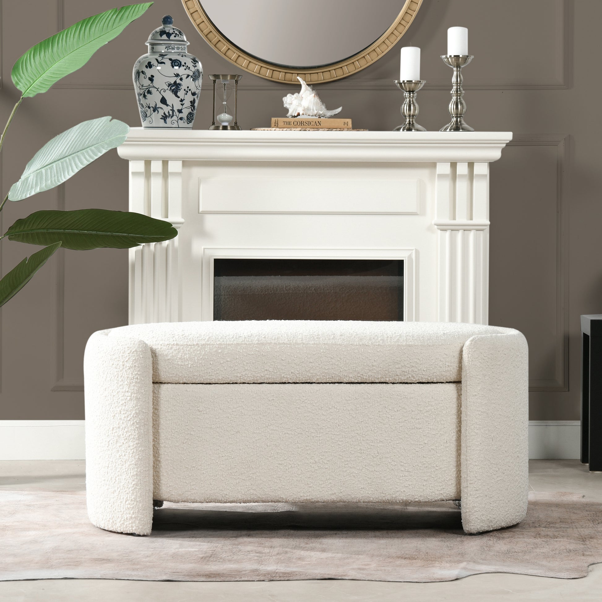 Fuji 43" Upholstered Oval Storage Bench, Ivory White Boucle White Foam Boucle