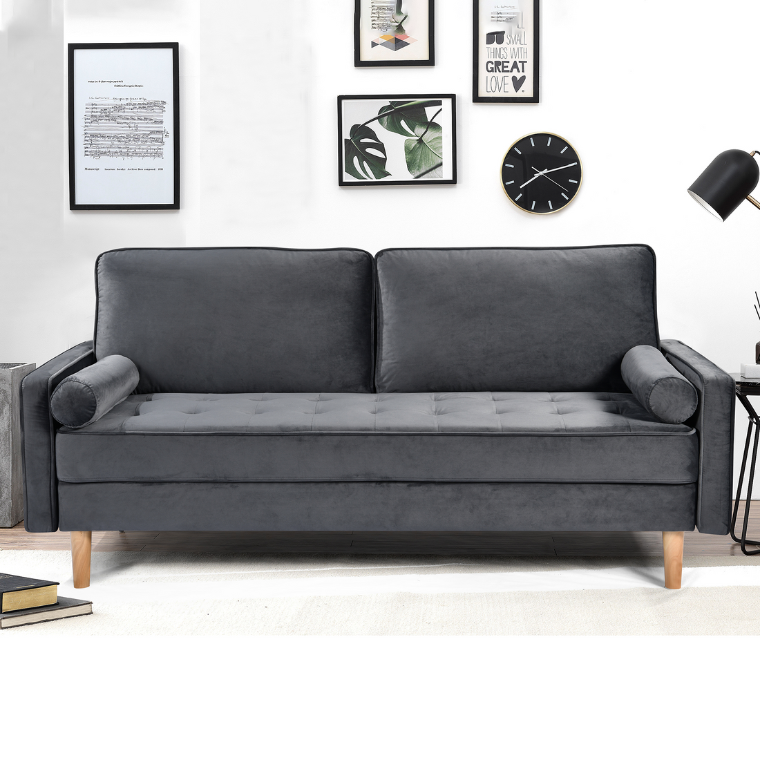 Sofa Simple Small House Double Three Person Straight Row American Retro Green Velvet Furniture Fabric Sofa Small Living Room Bedroom Office Grey Solid Wood 3 Seat