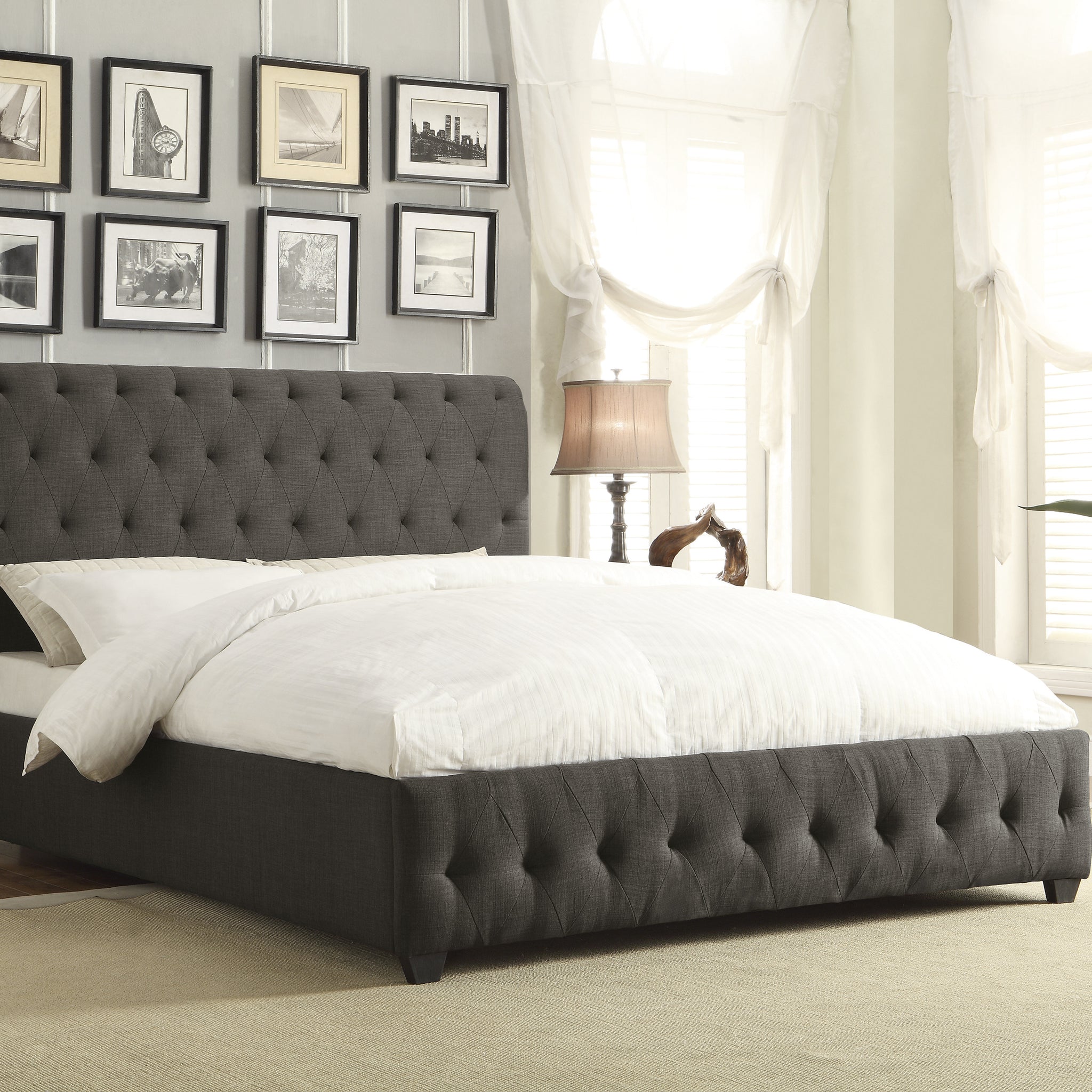 Dark Gray Fabric Upholstered Full Bed Tufted Headboard Footboard Solid Wood Frame 1Pc Bedroom Furniture Box Spring Required Full Dark Gray Wood Bedroom Solid Wood