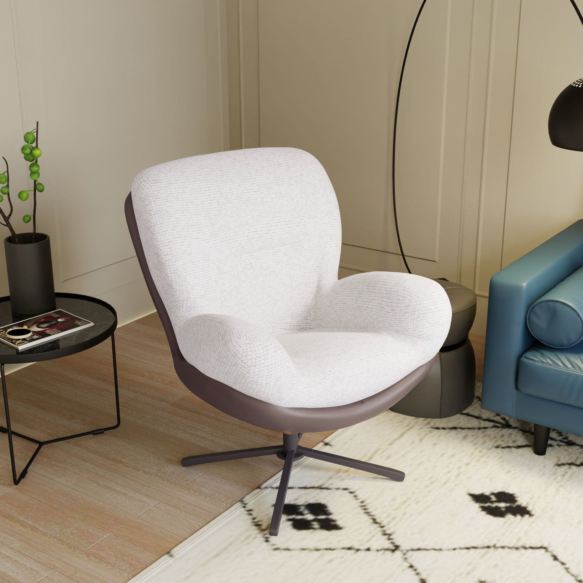 360 Swivel Accent Chair, Modern Chenille Lounge Chair With Faux Leather And Black Metal Base Frame, Comfortable Reading Chair For Small Spaces, Living Room, Bedroom, Reading Corner, Office White Brown White Brown Primary Living Space Art