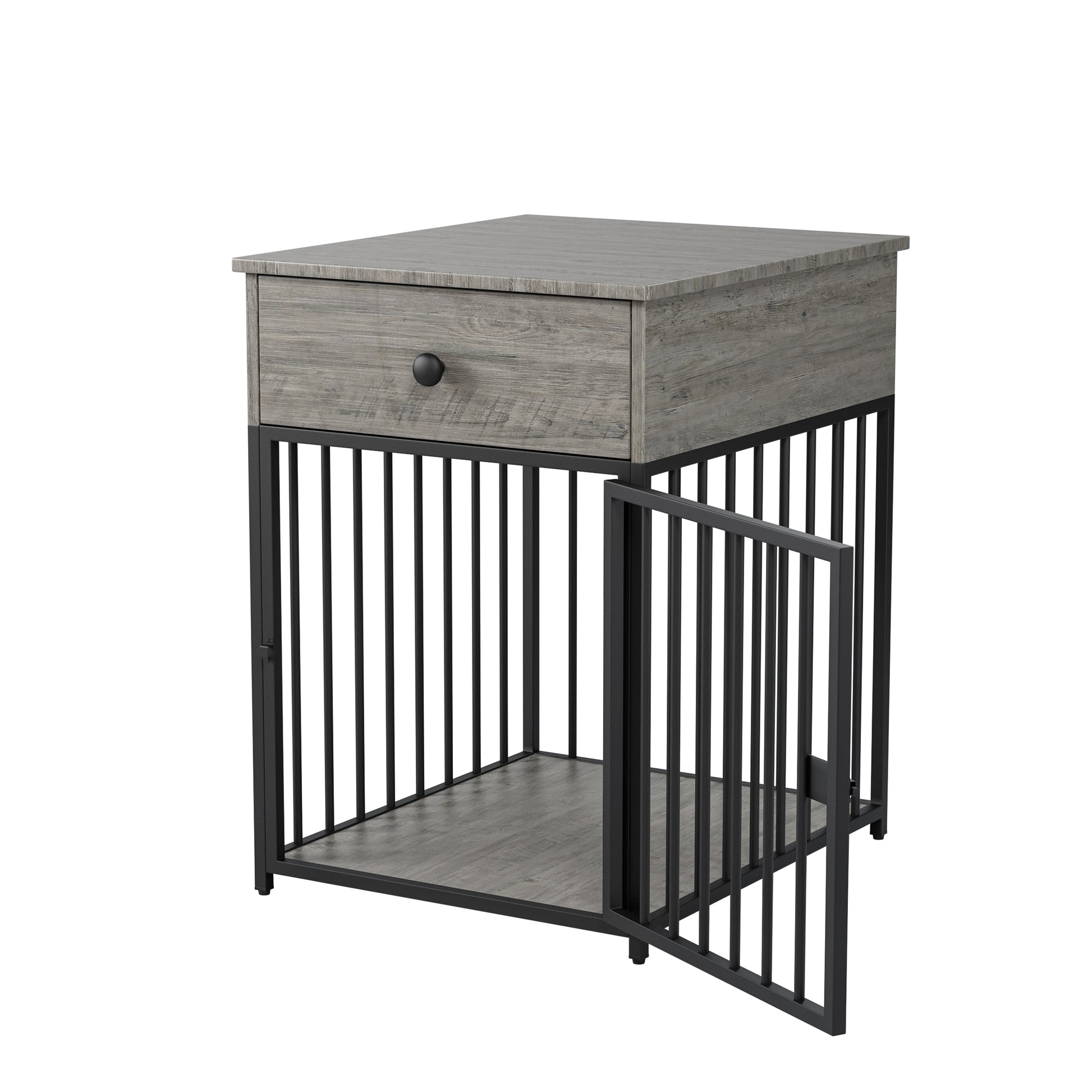 Dog Crate Furniture, Dog House, Decorative Dog Kennel With Drawer, Indoor Pet Crate End Table For Small Dog, Iron Tube Dog Cage, Chew Proof Gray Mdf