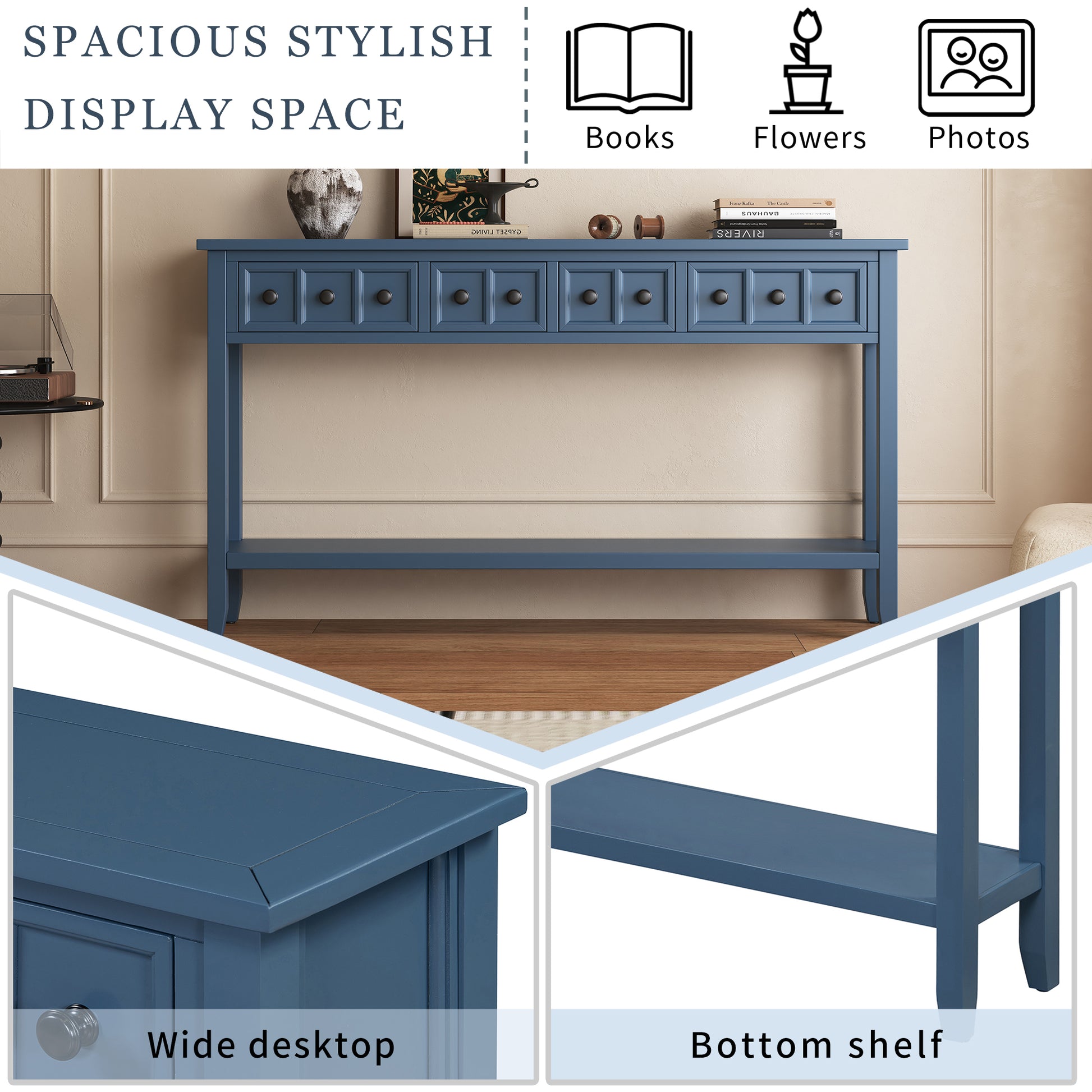 Rustic Entryway Console Table, 60" Long Sofa Table With Two Different Size Drawers And Bottom Shelf For Storage Antique Navy Antique Navy Solid Wood