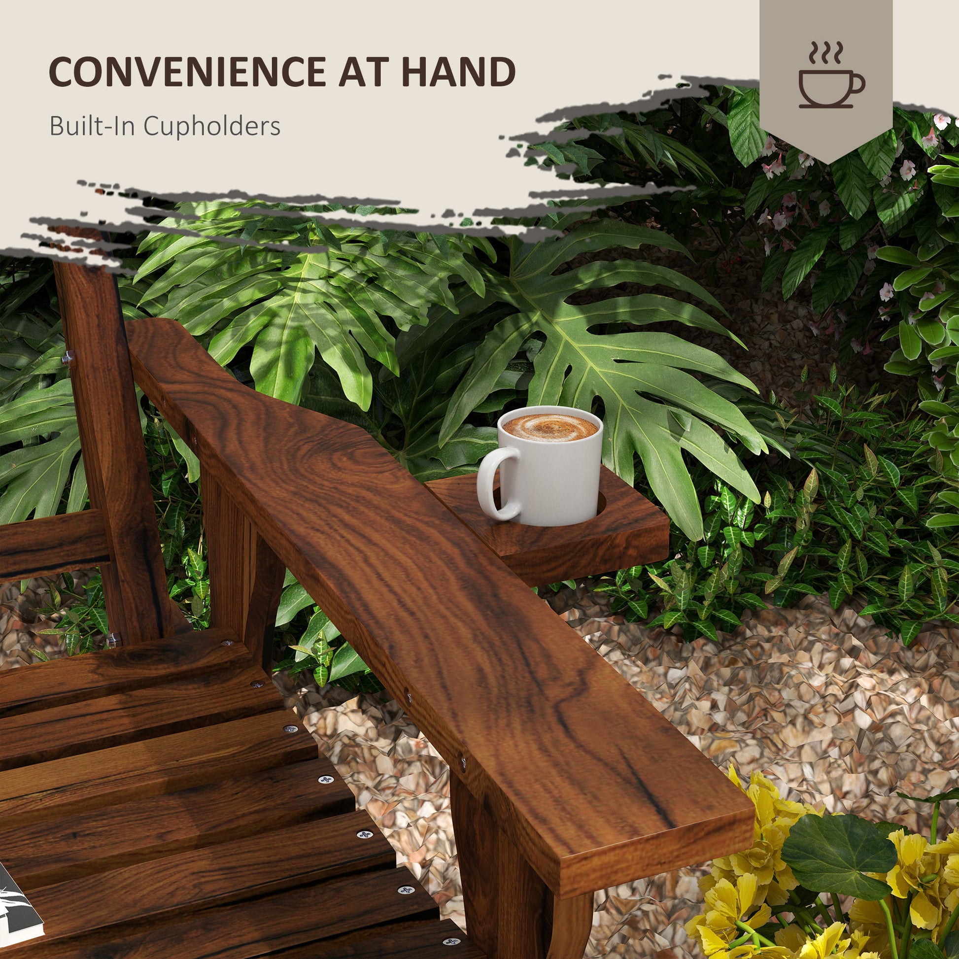 Outsunny Wood Outdoor Bench, 2 Person Garden Bench With Cupholder Armrests, Slatted Seat And Backrest, Park Bench For Patio, Porch, Lawn, Deck, Carbonized Black Brown Wood