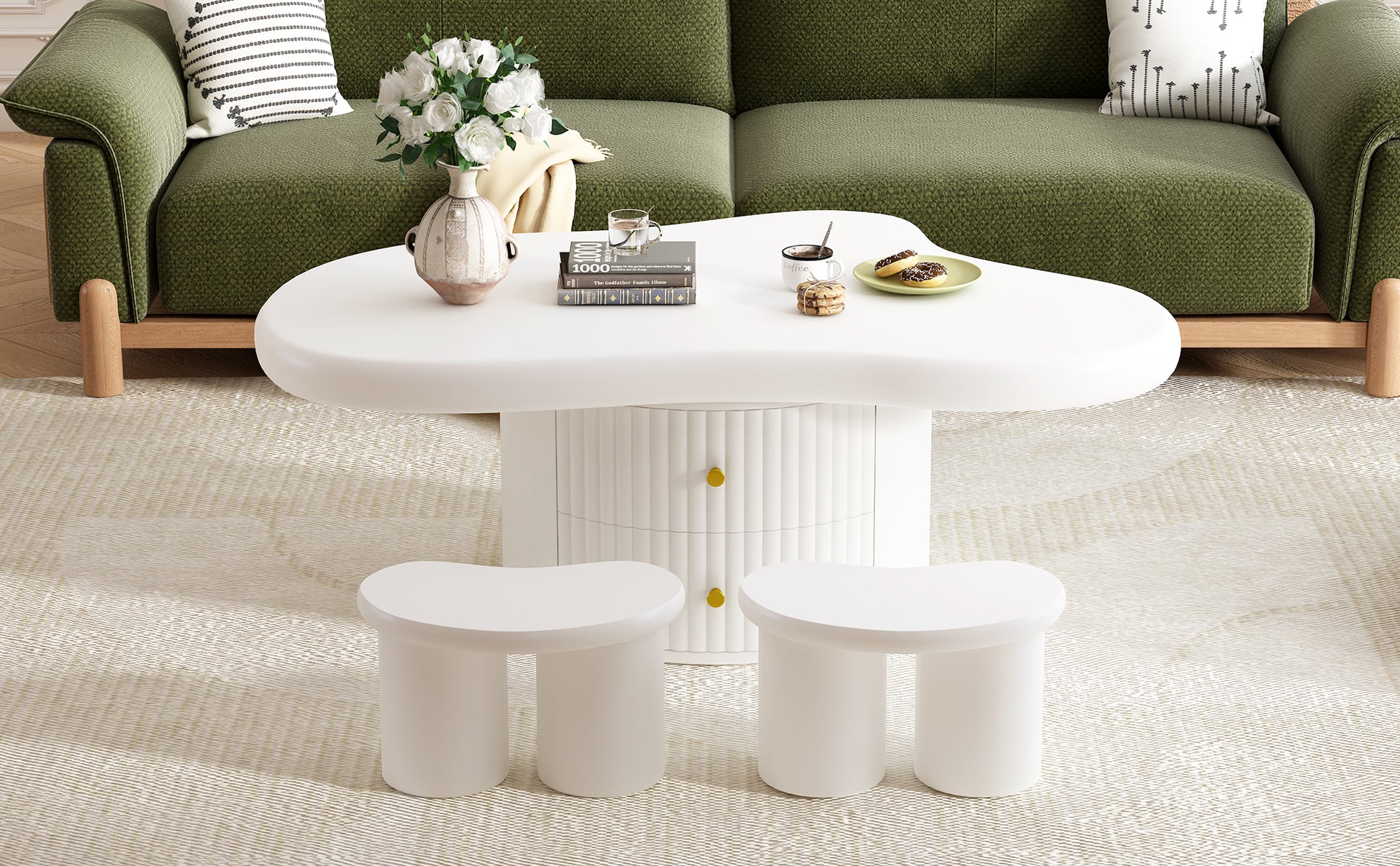 Cloud Coffee Table Set Of 3, Irregular Shape Coffee Table With 2 Drawers, 2 Small Stools For Living Room White Mdf