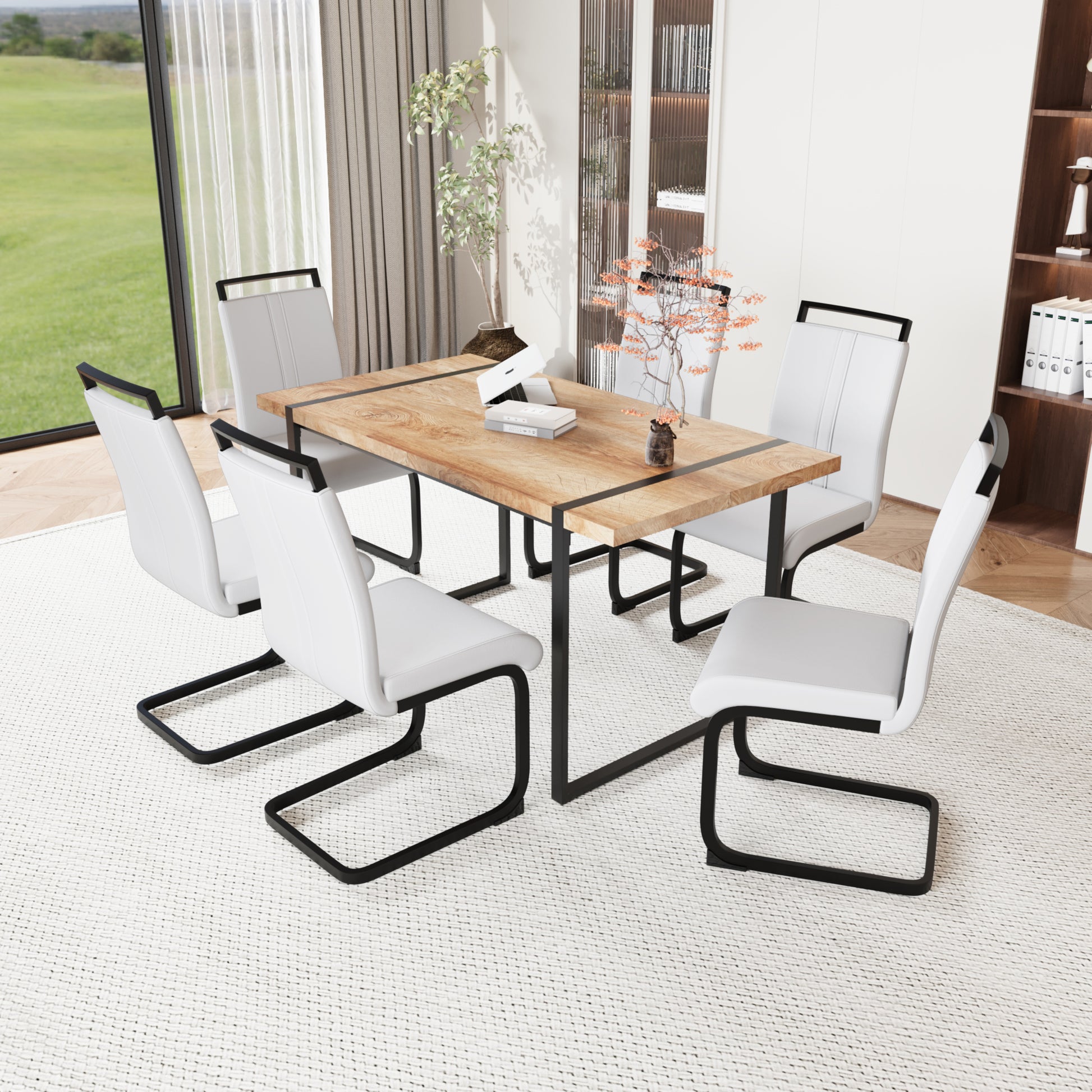 59 "Rural Industrial Rectangular Mdf Wood Color Dining Table Set And Pu Armless Dining Chair Set 6. Kitchen Black Metal Table Leg Dining Chair Set Wood Mdf