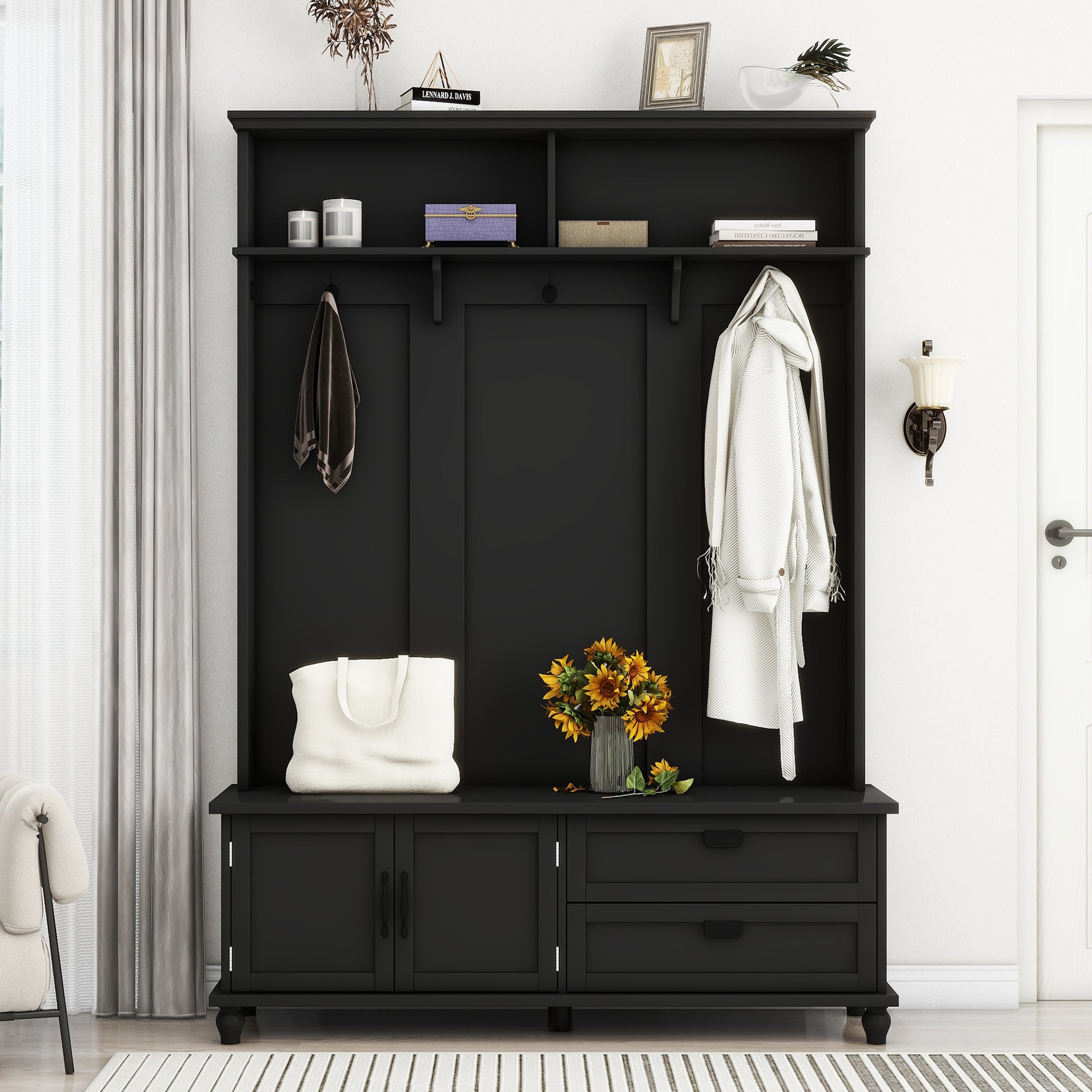 Modern Style Hall Tree With Storage Cabinet And 2 Large Drawers, Widen Mudroom Bench With 5 Coat Hooks, Black Black Primary Living Space Particle Board