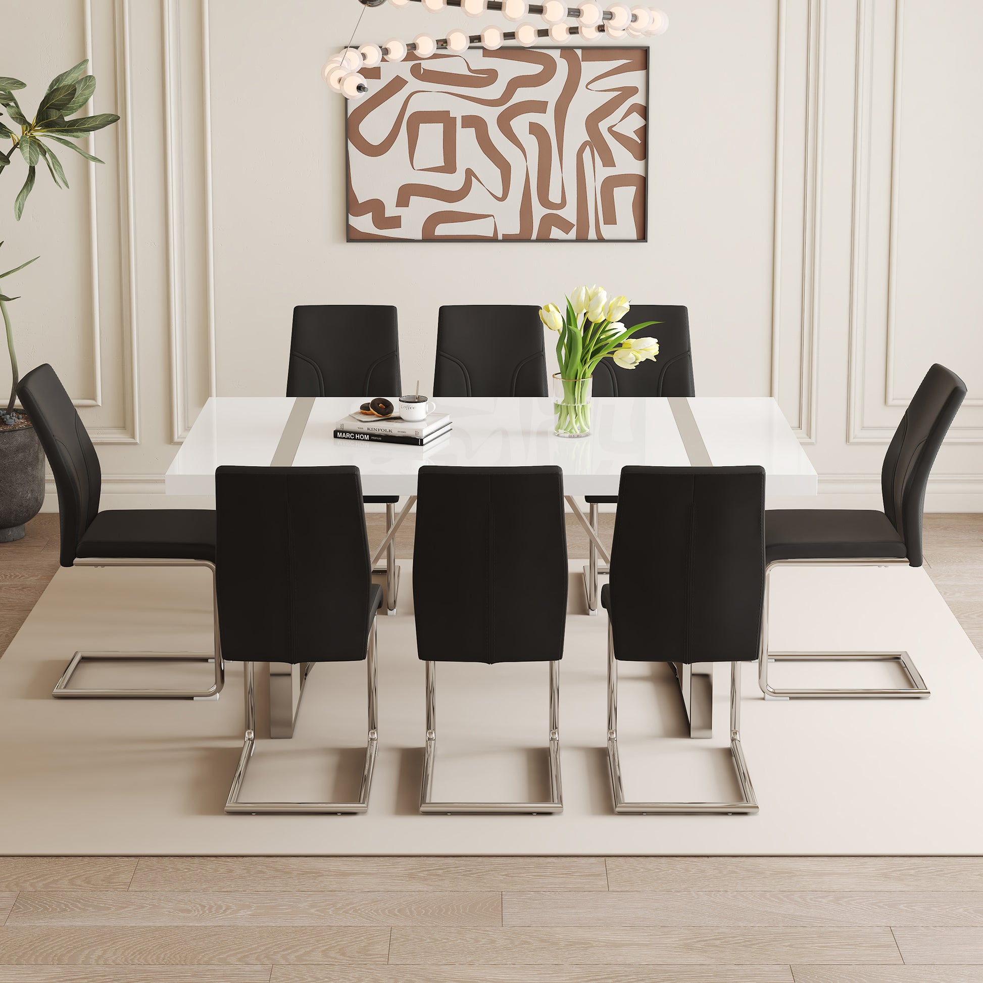 Table And Chair Set.71"X39.3" White Mdf Painting Dining Table Set With 8 Black Pu Chairs.Showcasing A Modern And Stylish Look.Suitable For Dining Room.Mdf Painting,Iron Pipe Plating,Pu Chiairs.