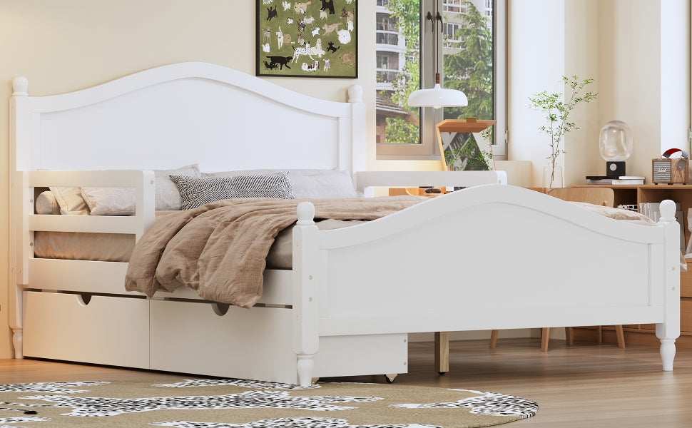 Full Size Wood Platform Bed With Guardrails On Both Sides And Two Storage Drawers ,White Full White Wood