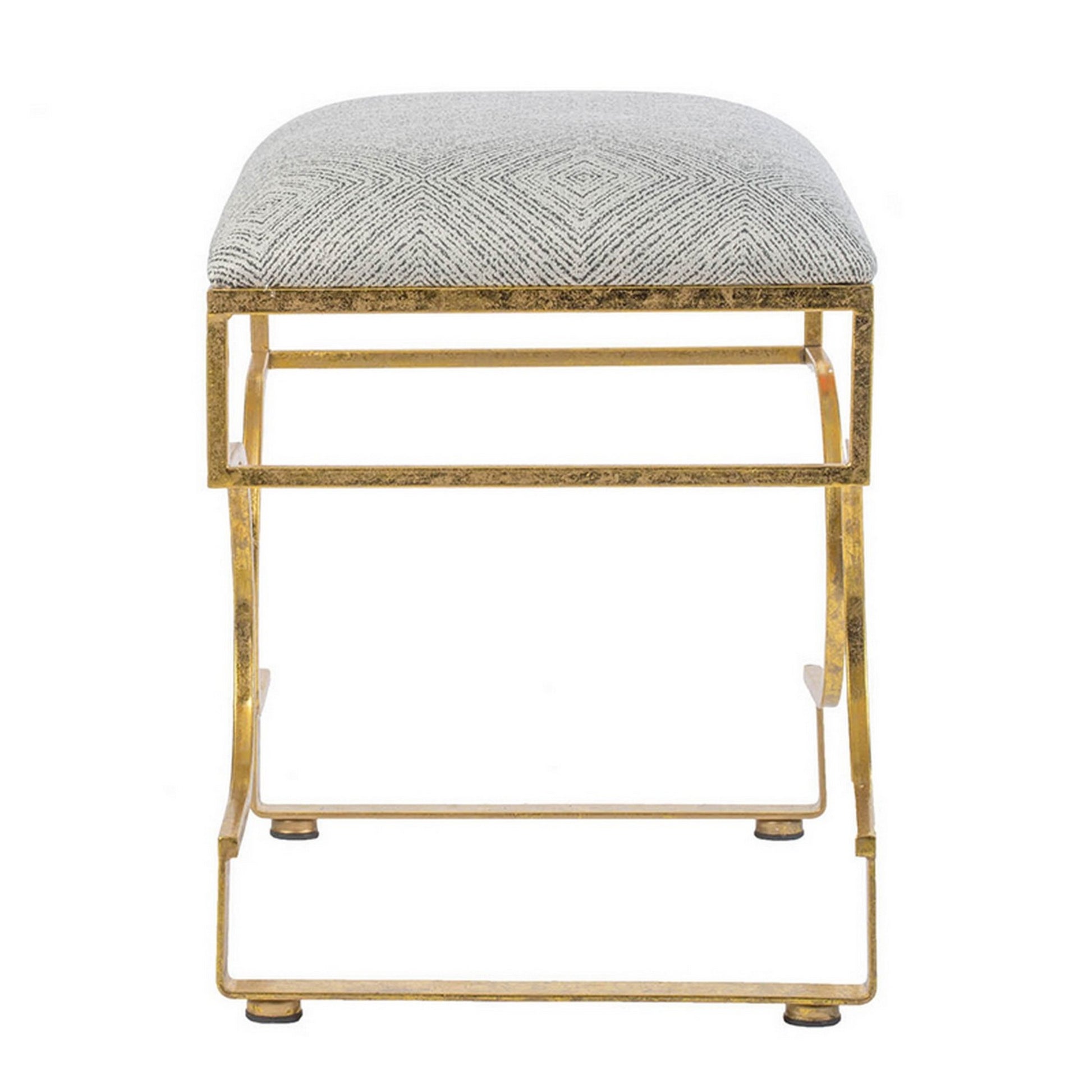 24 Inch Modern Ultra Padded Ottoman, Geometric Frame, Gray, Gold Patina Gray Iron