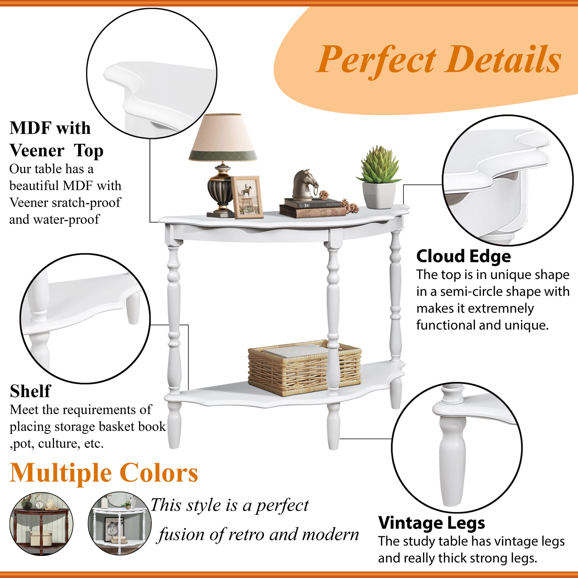 42'' Retro Circular Curved Half Moon Console Table With Cloud Design Top And Open Shelf Solid Wood Frame And Legs, Milk White Milk White Primary Living Space Retro Pine Console Tables Pine