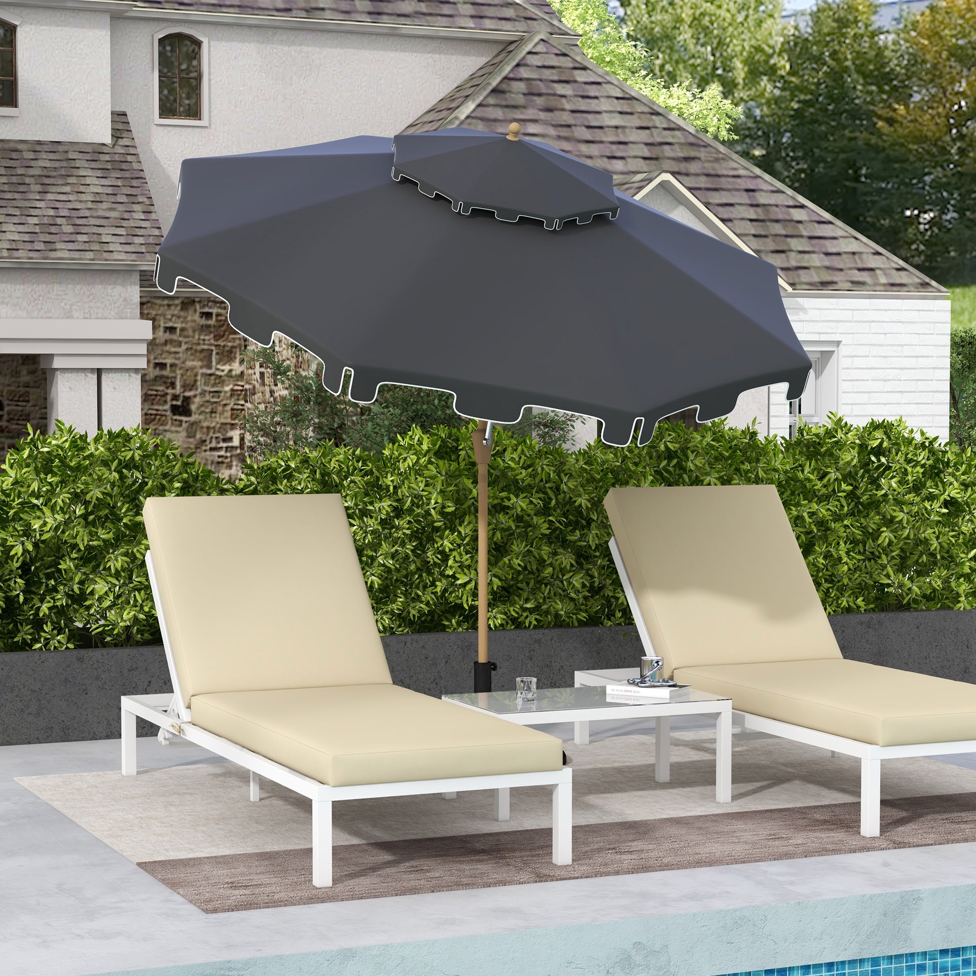 Outsunny 9' Patio Umbrella With Push Button Tilt And Crank, Double Top Ruffled Outdoor Market Table Umbrella With 8 Ribs, For Garden, Deck, Pool, Dark Gray Dark Gray Polyester