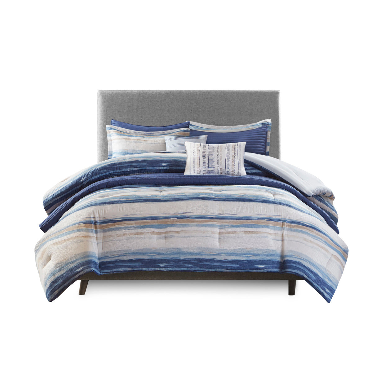 8 Piece Printed Seersucker Comforter And Quilt Set Collection Blue King Cal King King Blue Polyester