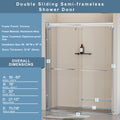 56 60 In. W X 76 In. H Semi Frameless Shower Door, Double Sliding Shower Door, 5 16