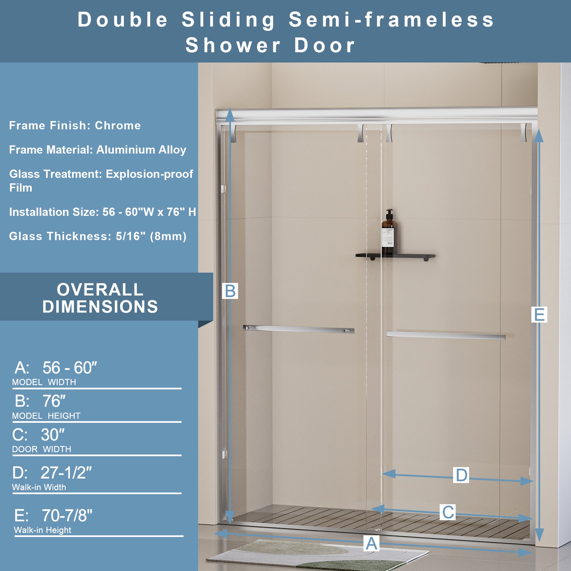 56 60 In. W X 76 In. H Semi Frameless Shower Door, Double Sliding Shower Door, 5 16" 8Mm Clear Tempered Glass Shower Door With Explosion Proof Film, Chrome 24D212 60C Combo Chrome Bathroom Aluminium Alloy