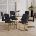 Table And Chair Set.A Modern Minimalist Style Round Clear Tempered Glass Table With Metal Legs.Paried With Black Chairs With Modern Pu Leather High Back Upholstered And C Tube Golden Legs. Transparent Seats 6 Glass