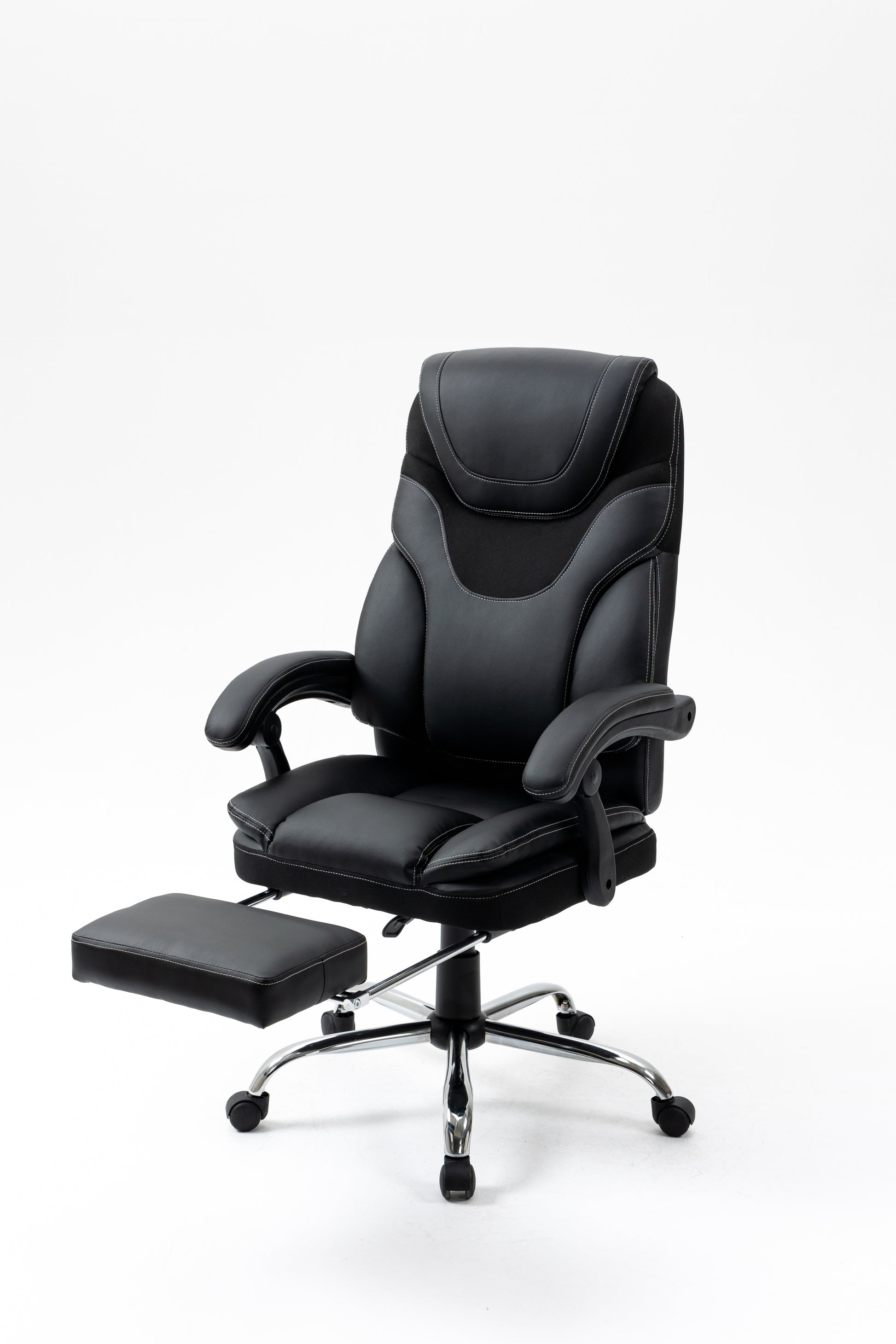 Massage Reclining Office Chair With Footrest, High Back Computer Chair Home Desk Ergonomic Executive Office Chair With Armrests, Adjustable Height. Black Faux Leather