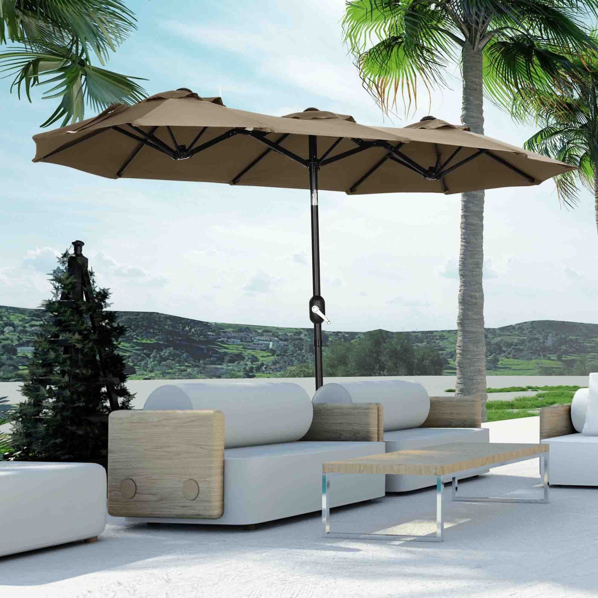 Outsunny Double Sided Patio Umbrella 9.5' Large Outdoor Market Umbrella With Push Button Tilt And Crank, 3 Air Vents And 12 Ribs, For Garden, Deck, Pool, Gray Light Brown Polyester